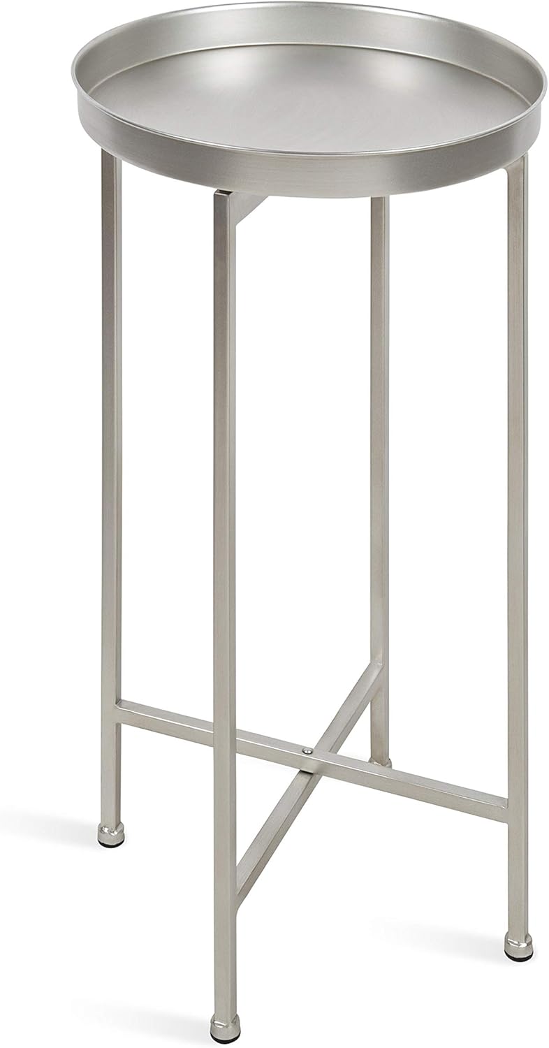 Kate and Laurel Celia Round Metal Foldable Accent Table with Tray Top, 14" x 14" x 25.75", Silver