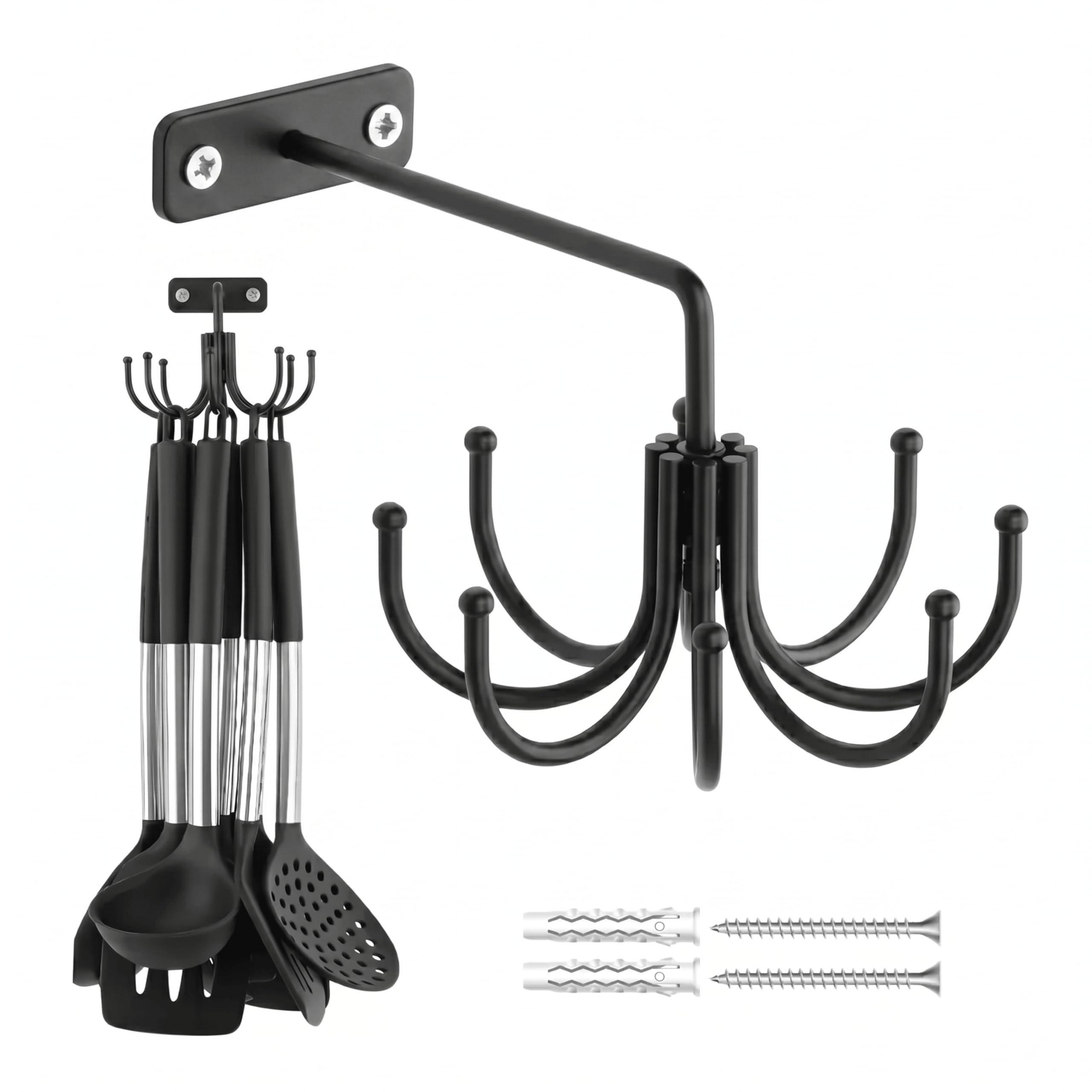 ZEDODIER Kitchen Cooking Utensil Holder, 360° Rotating Kitchen Hooks for Hanging Utensils, Heavy Duty Metal Utensil Rack with 8 Storage Capacity for Utensil, Towel, Pot, Glove, Aprons, Black