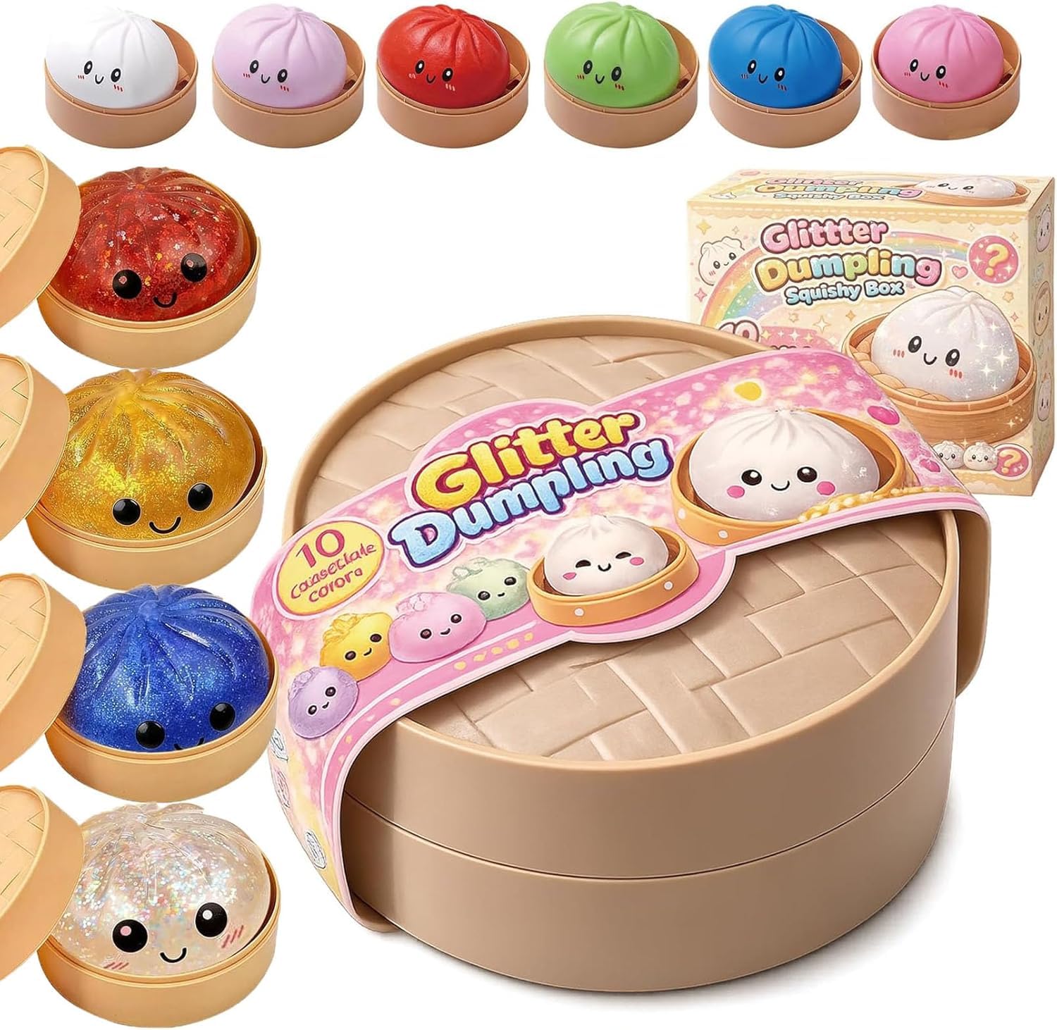 Glitter Dumpling Squishy - Random Dumpling Squishy Mystery Box, 10 Colors Dumplings Squishy Toy, More Surprises (Random-1PC)