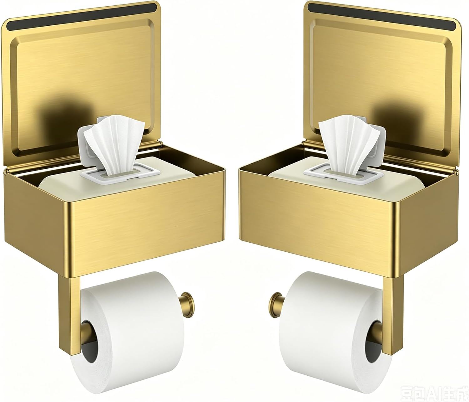 FORIOUS Toilet Paper Holder with Shelf, Sanitary Napkin Receptacle Tampon Holder, Wall Mount Toilet Paper Holder with Storage, Flushable Wipes Dispenser Fits for Bathroom Commercial(2, Brushed Gold)
