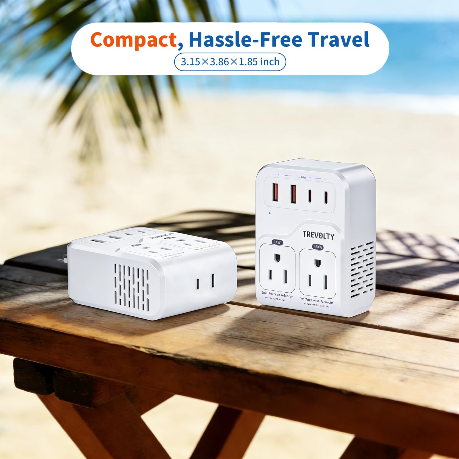 Convertitore di tensione da 2000 W da USA a Europa per asciugacapelli, convertitore 7 in 1 da 220 V a 110 V per viaggi europei con 3 porte AC/2 USBA/2 USBC (PD20 W) (bianco)