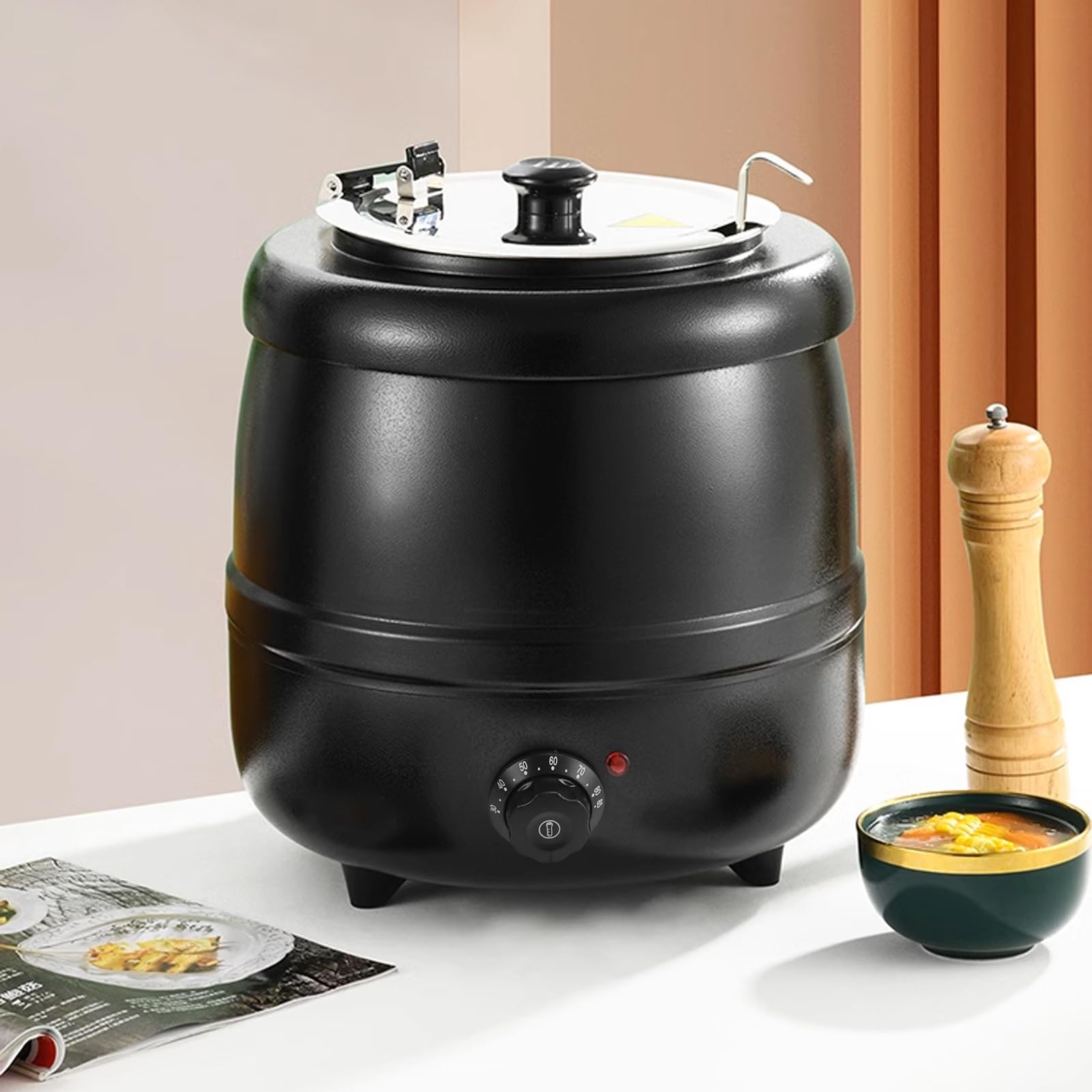 Pentola Elettrica 10 Litri, Bollitore per Zuppa 400W, con Fodera Acciaio Inossidabile Rimovibile, Scalda Zuppa, Isolamento Termico per Ristorazione