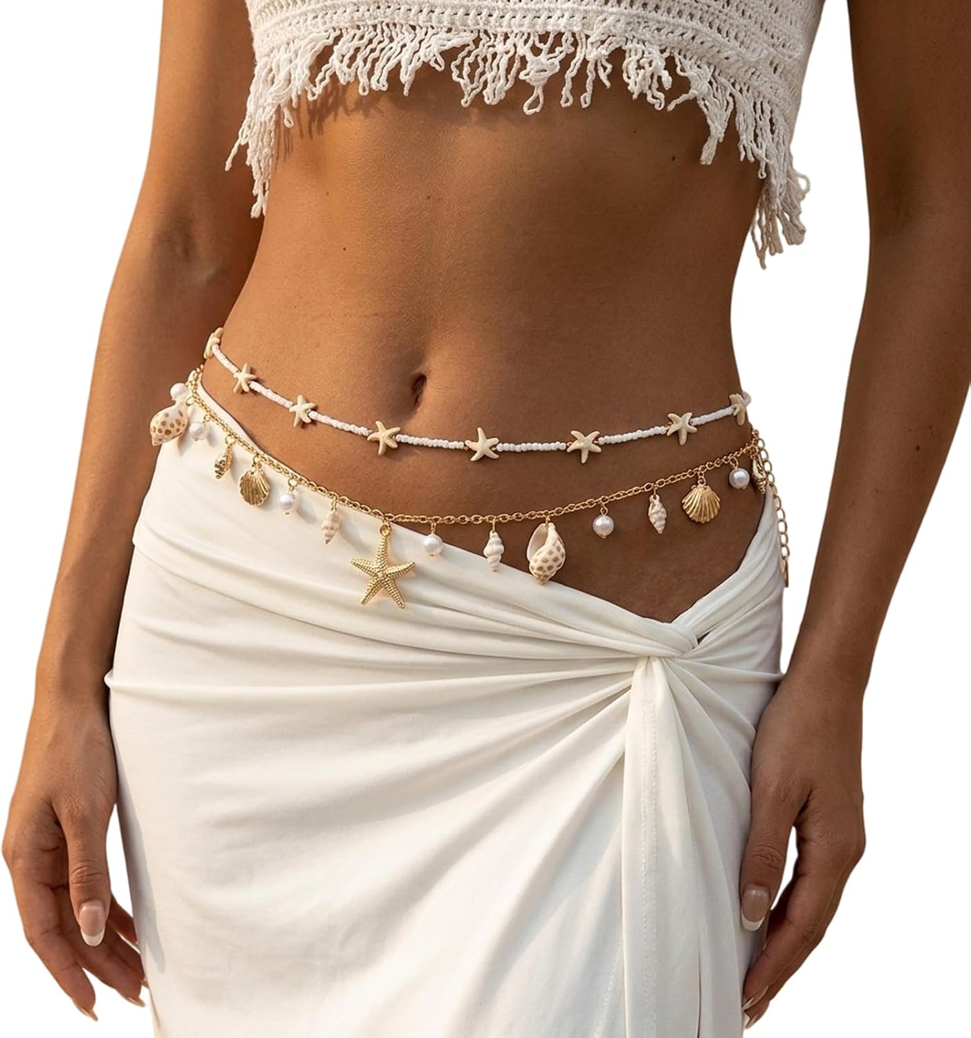 Layered Starfish Shell Pearl Waist Chain Beach Beaded Belly Chain Jewelry image 4