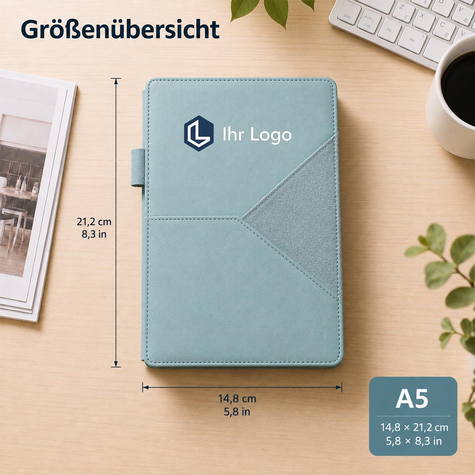 10 Stück Notizbuch Personalisiert mit Logo und Motiv Journal Buch | A5 | Linierte Seiten |200 Seiten | Wasserabweisender PU-Einband | Büro & Uni | Fronttasche für Stifthalter & Karten