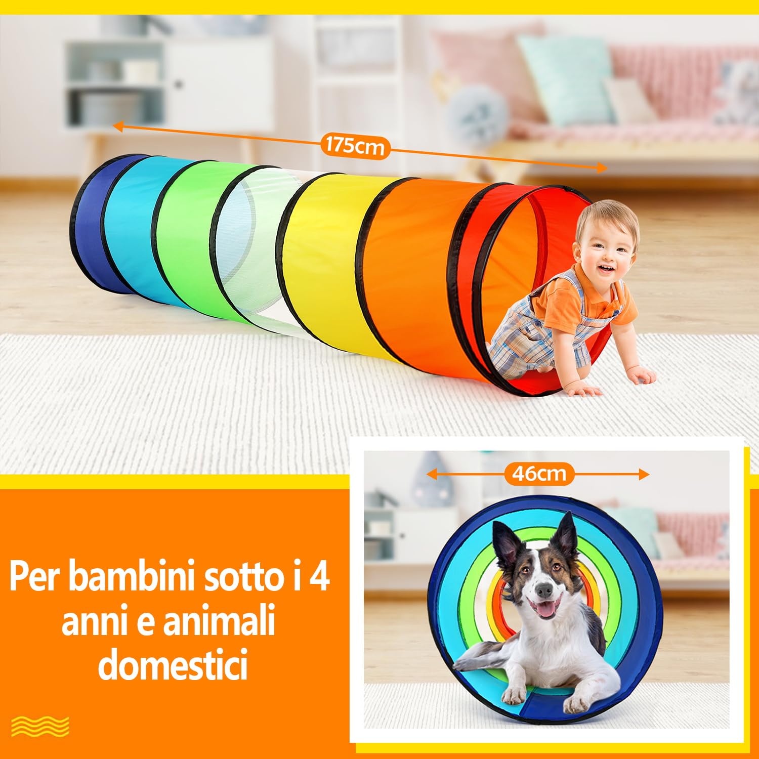 Wilwolfer Tunnel Gioco per Bambini - Alta Qualità 180cm Tenda Bambini con Mesh - Pieghevole Pop-upTubi Gioco Regalo Giocattolo Interni Esterni Giardino (Arcobaleno)