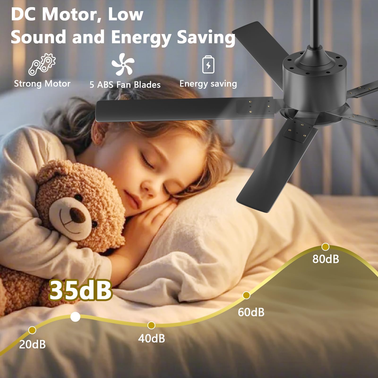 Obabala Ventilatore da soffitto per patio, soggiorno, camera da letto, stile moderno, in legno, 5 pale, 106,7 cm, nero, con telecomando, senza luce, nessun rumore, reversibile