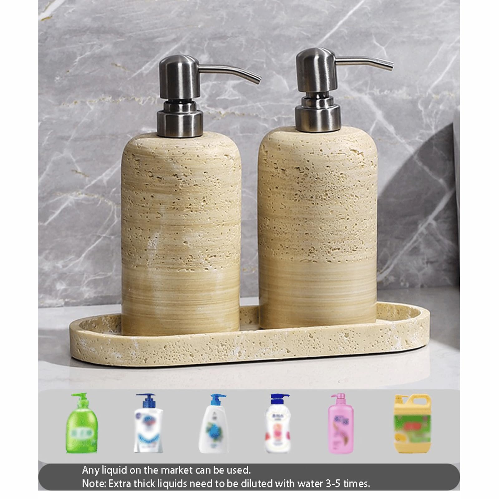 Rustikaler Steinschaum-Seifenspender mit silberfarbener Pumpe, nachfüllbar, handschäumende Seifenpumpe für Bad und Küche, Arbeitsplatte, stilvolle Shampoo-Flasche für Heimdekoration