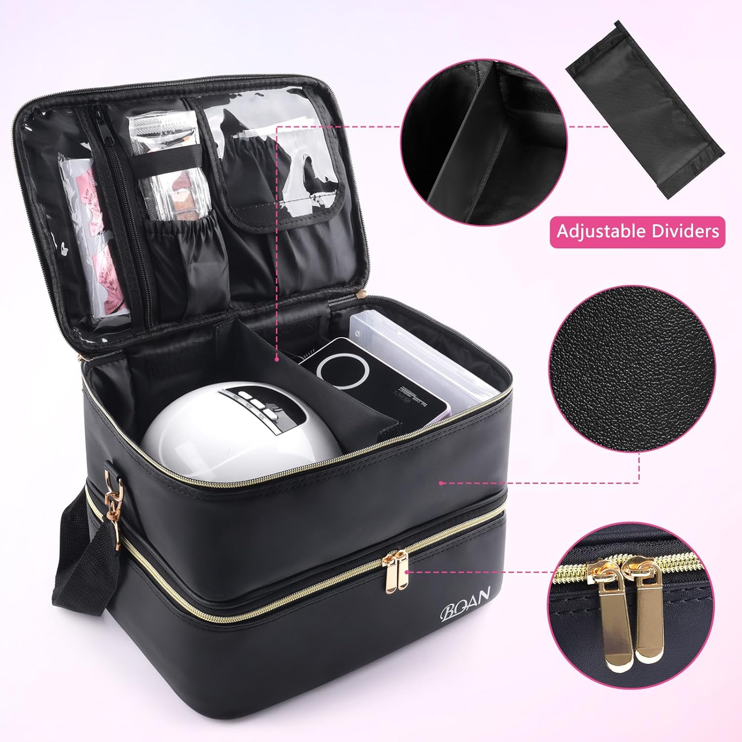 BQAN Nail Polish Organizer Case, 40 Bottles (15ml - 0.5 fl.oz) Capacity, Double Storage Bags with Adjustable Divider, Nail Art Accessories Case & Bag Black