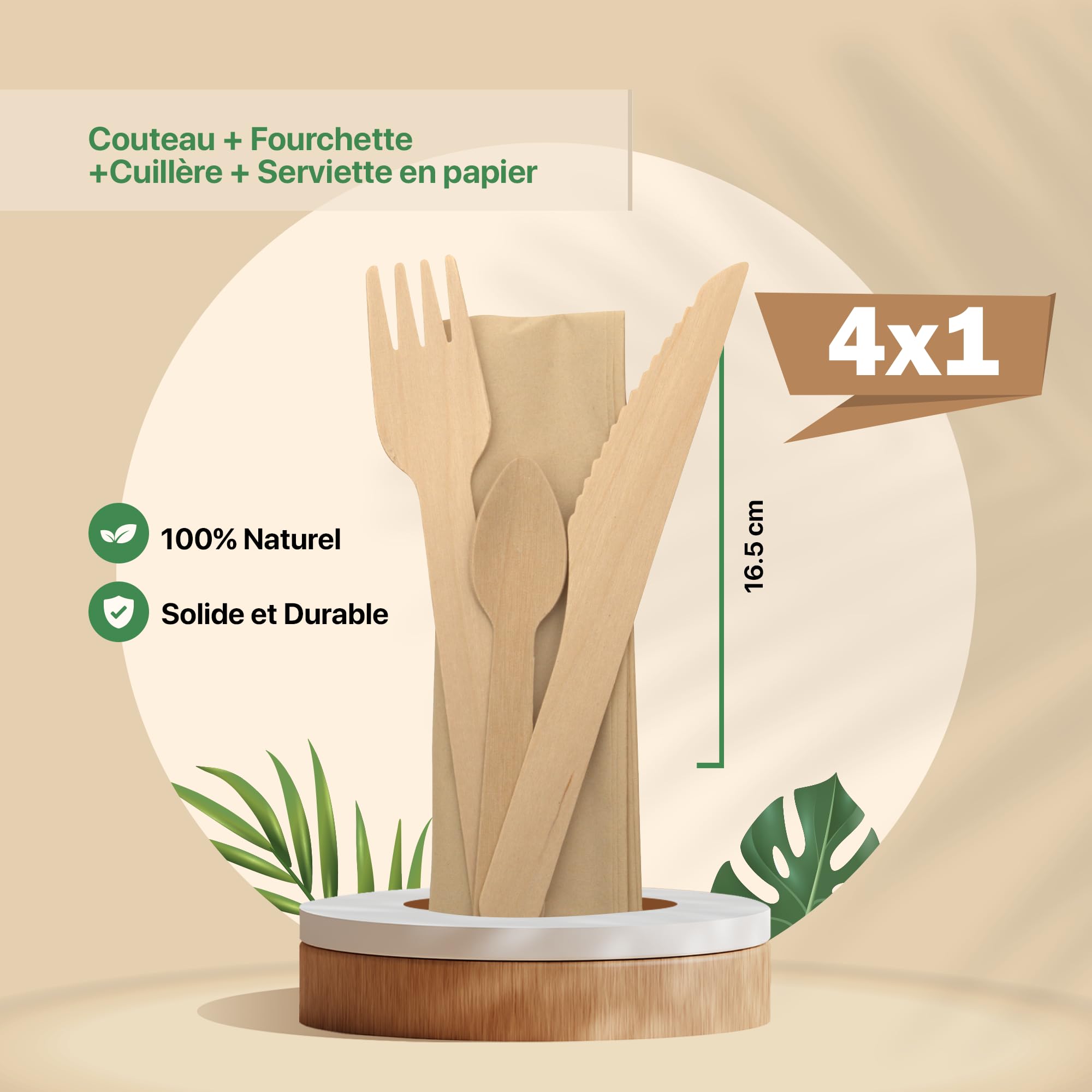 250 Kits Cubiertos Madera Desechables - Tenedor, Cuchillo, Cuchara, Toalla | Bolsa individual de papel; lista para distribuir; tenedor y cuchillo de 16,5 cm; cuchara 11 cm; servicio completo