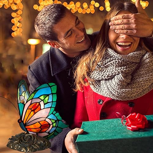 Miniatura 7 de Lámpara de mesita de noche LED Tiffany azul de hadas mariposa mesita de noche lámparas de mesa de noche pantalla de vidrieras interruptor de
