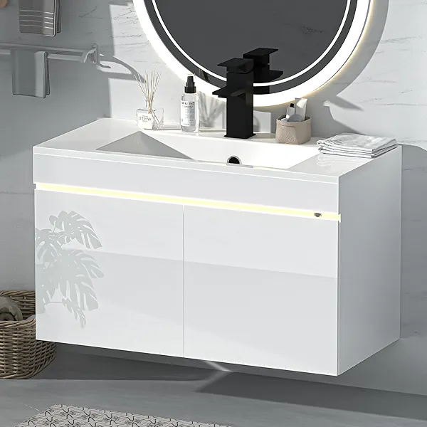 AHB 30 inch Bathroom Vanity W/Sink Combo, High Gloss Bathroom Cabinet, Smart Wall Mounted Sink Cabinet Auto Motion Sensor LED Light, Modern Floating Vanity with Faucet