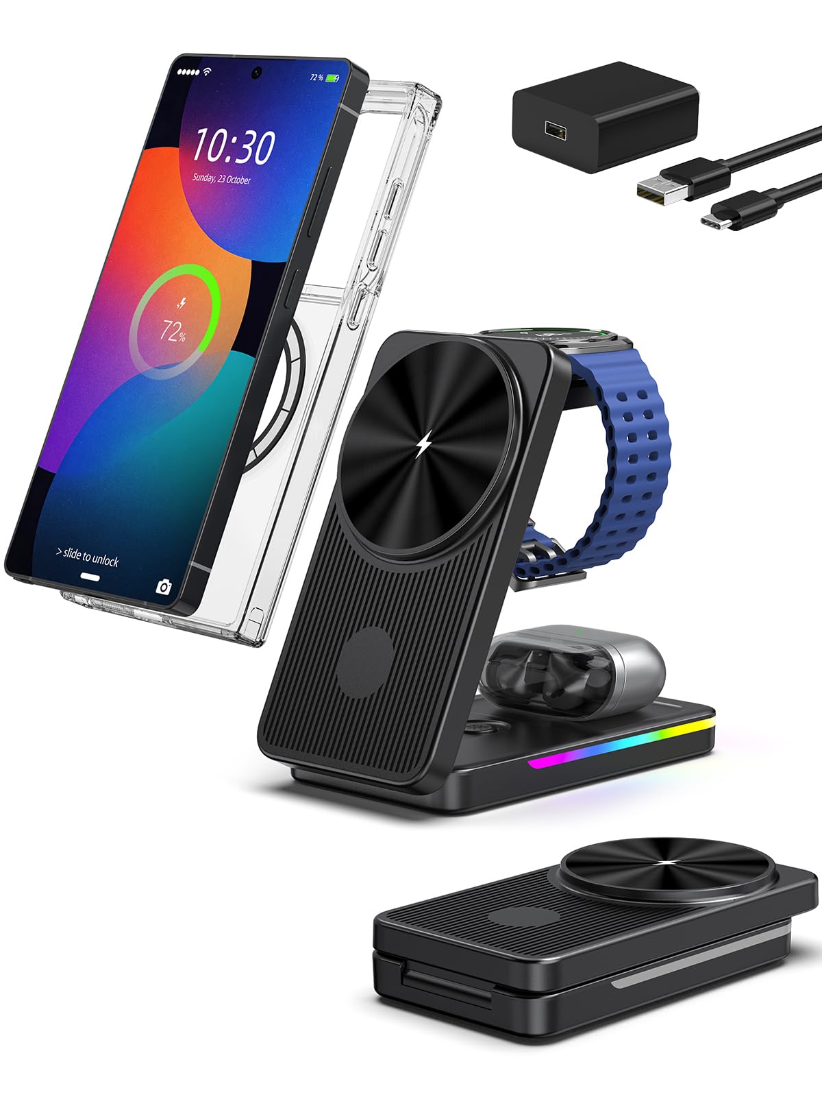 Magnetyczna stacja ładująca do Samsung Galaxy S25 Ultra S24, Magsafe składana ładowarka do Samsung Galaxy Watch Ultra 8 7 6, 3 w 1, indukcyjna stacja ładująca ze światłem do Buds Pro 2 | MagSafe bezprzewodowa ładowarka składana do Galaxy S26 Ultra/S25/S24