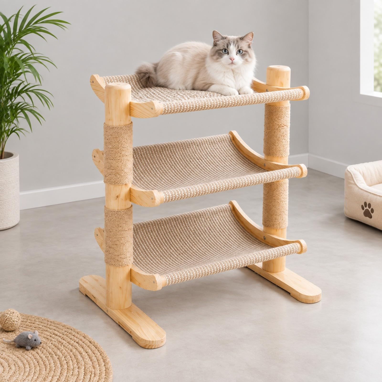 Albero per in Legno Massello Robusto Tiragraffi con Piattaforme di Riposo Spazioso Tiragraffi con Colonne in Sisal per Casa, Due Montanti Due Livelli