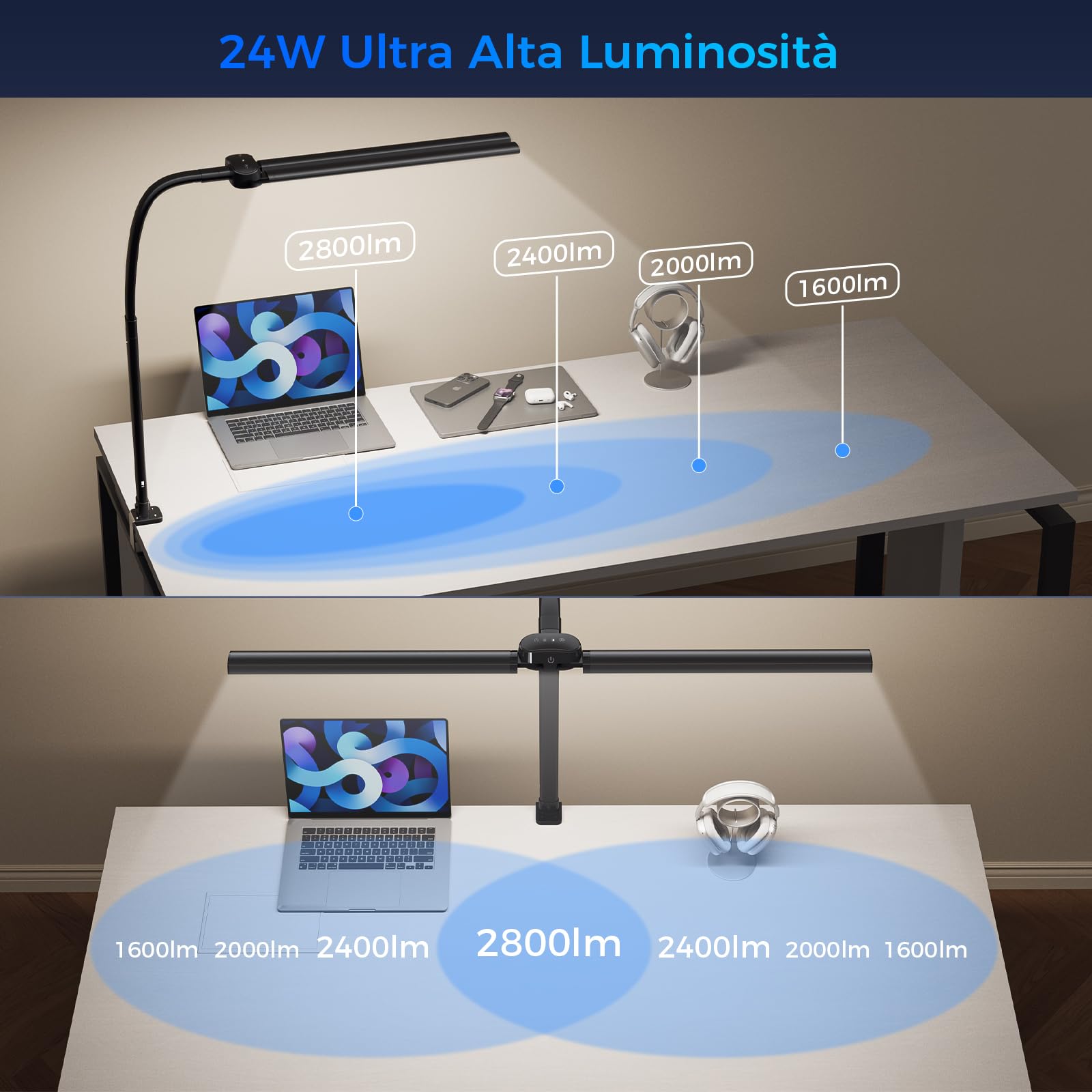 T01 Lampada da Scrivania a LED con Telecomando - 24W 1400LM 80CM Luce Scrivania Filo con Morsetto Lampada da Lettura Collo D'oca Regolabile, Porta di ricarica USB per Ufficio Studiare, Nero