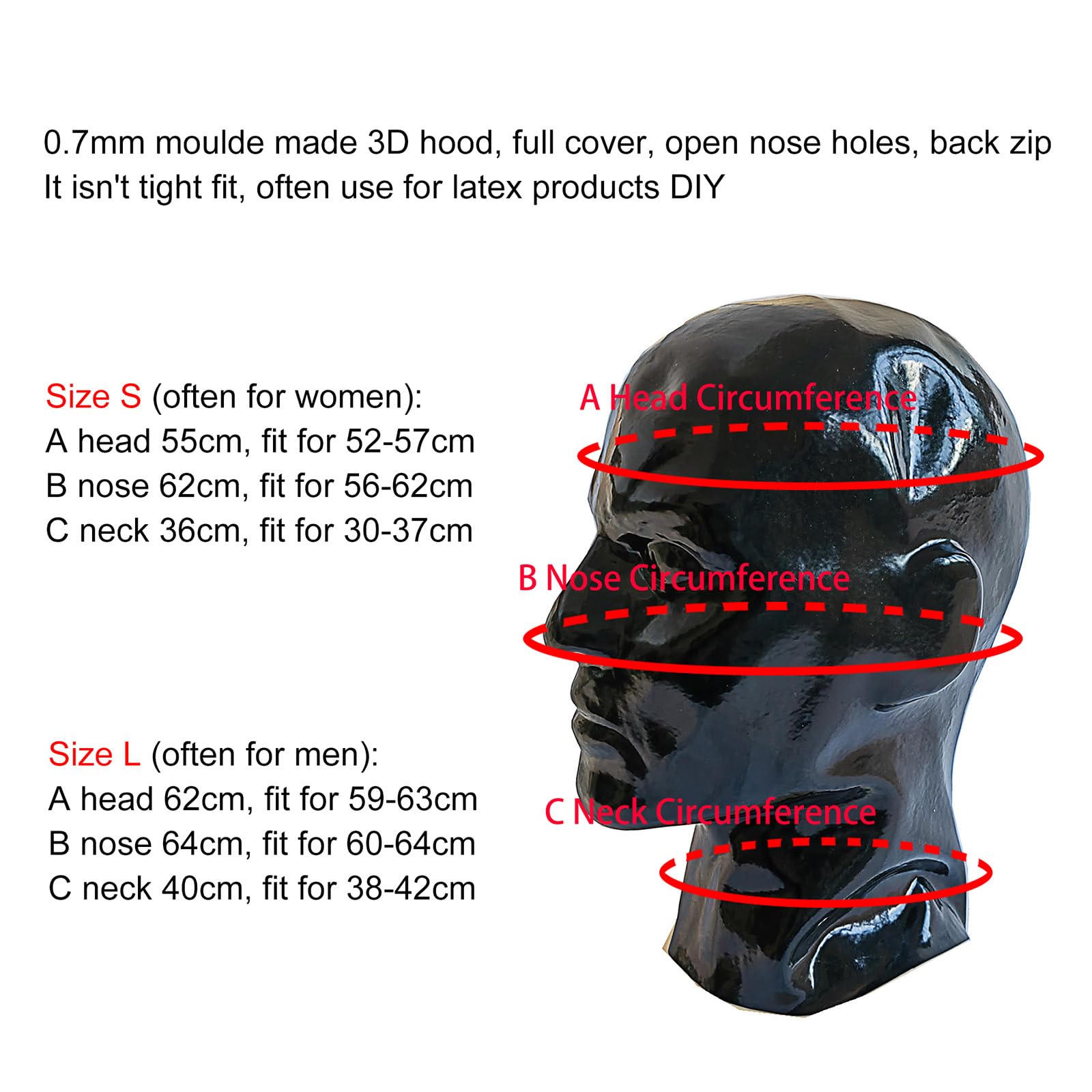 Máscara Cabeza Modelo 3D de Látex Negra,Capucha Goma Cabeza Para Unisex Orificios Nasales Respirar Adecuada Cosplay Fiestas