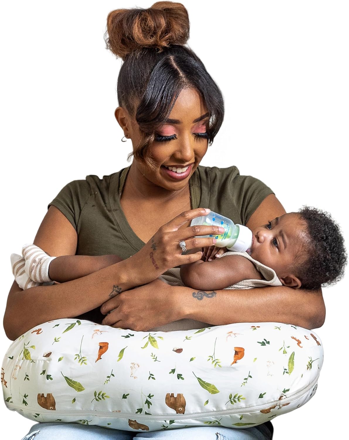 Boppy Nursing Pillow - Ergonomic Bottle & Breastfeeding Pillow with High, Firm, Large Area, Water-Repellent Cushion with Washable Cover; Baby Safety Alliance Verified - Neutral Plants and Animals New Nursing Pillow Neutral Plants and Animals