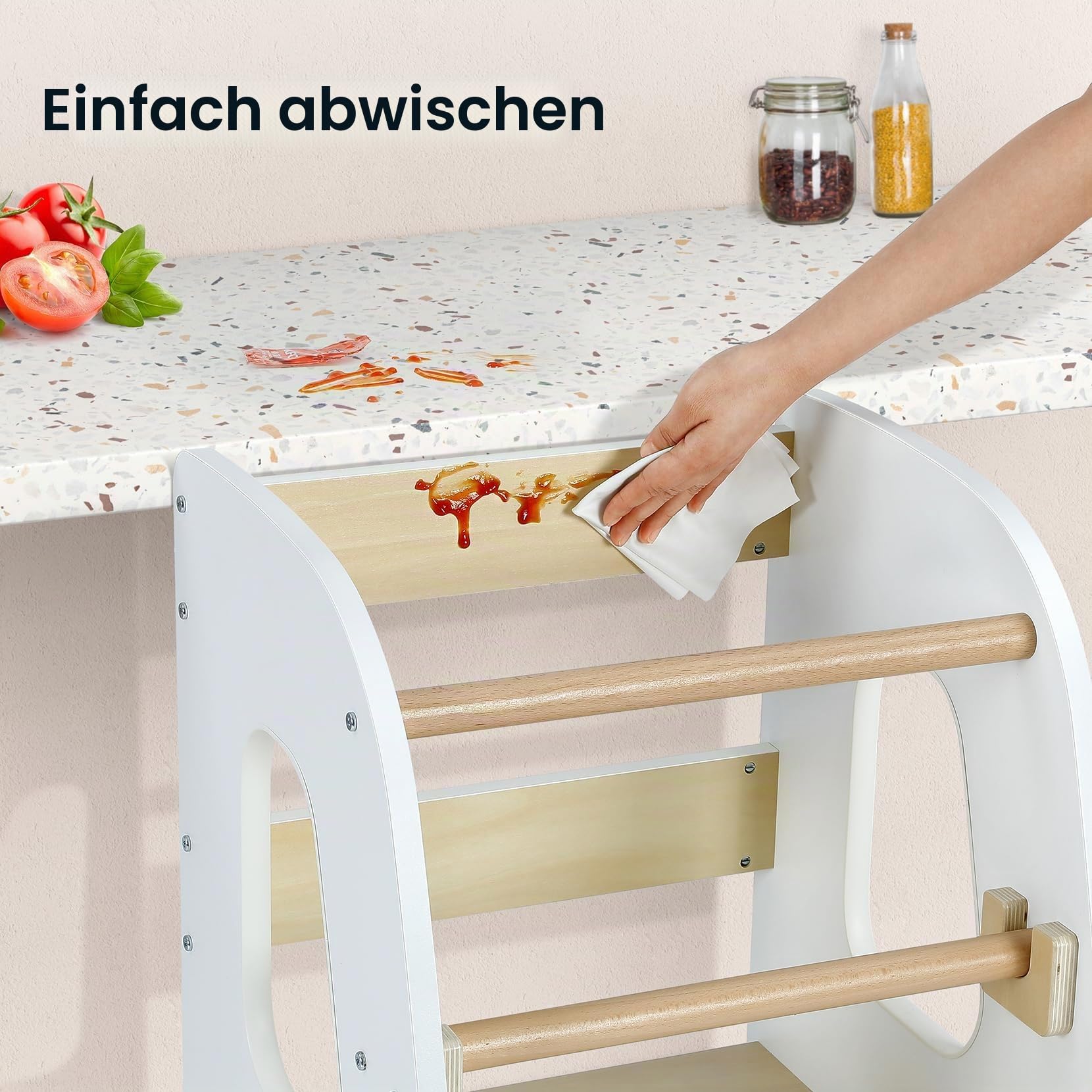 Ezebaby Lernturm ab 1 Jahr, Learning Tower, Höhenverstellbar Montessori Lernturm mit Kippschutz, Abnehmbare Sicherheitsgeländer, Massiv und Stylisch (Weiß)