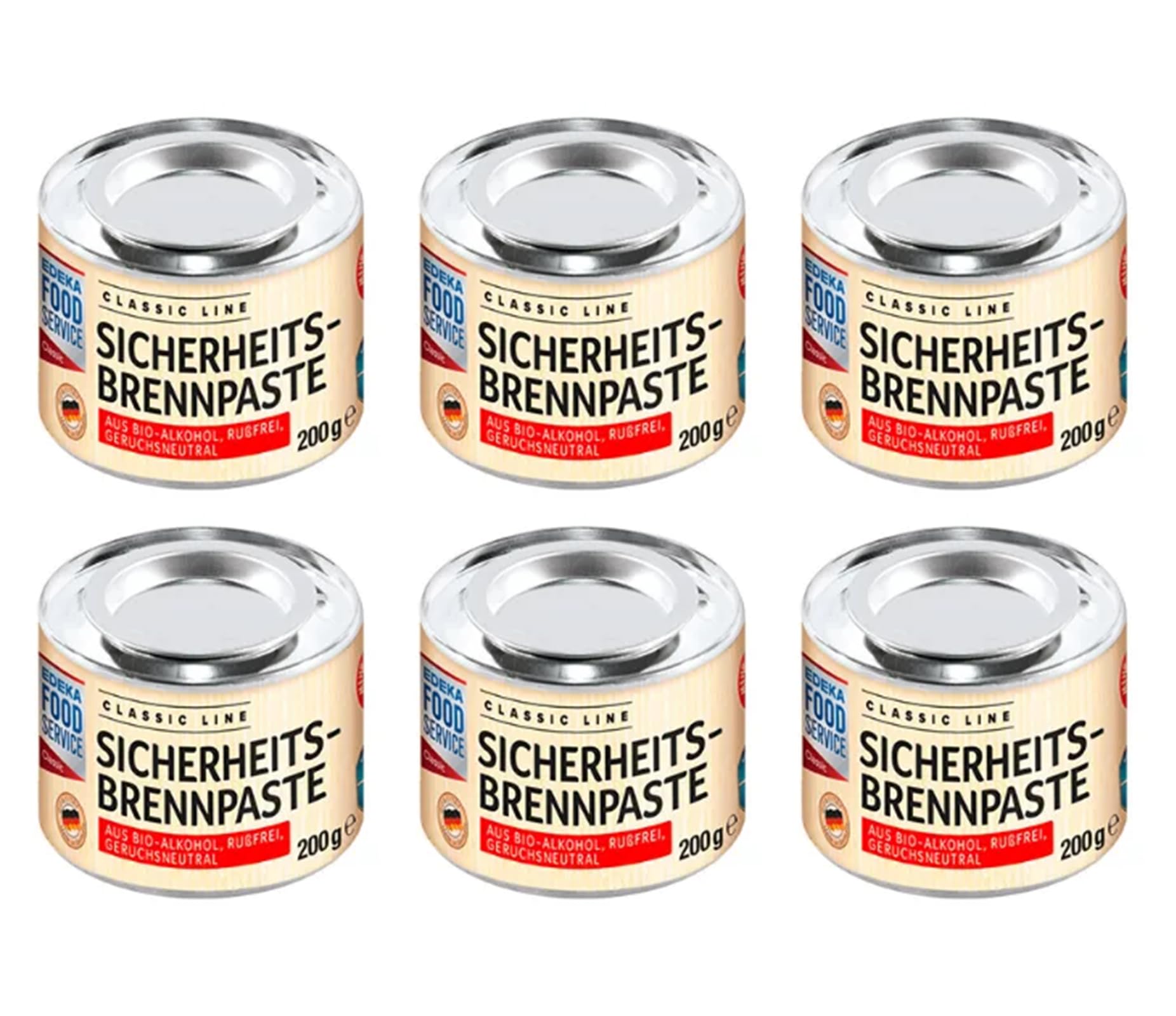 EDEKA Brennpaste Dose 6 Stück für Warmhaltebehälter & Fondue 6x200g Dosen Sicherheitsbrennpaste aus Bio-Alkohol, Geruchsfrei, Rußfrei FOODSERVICE aus Deutschland Gewerbe, Industrie & Wissenschaft