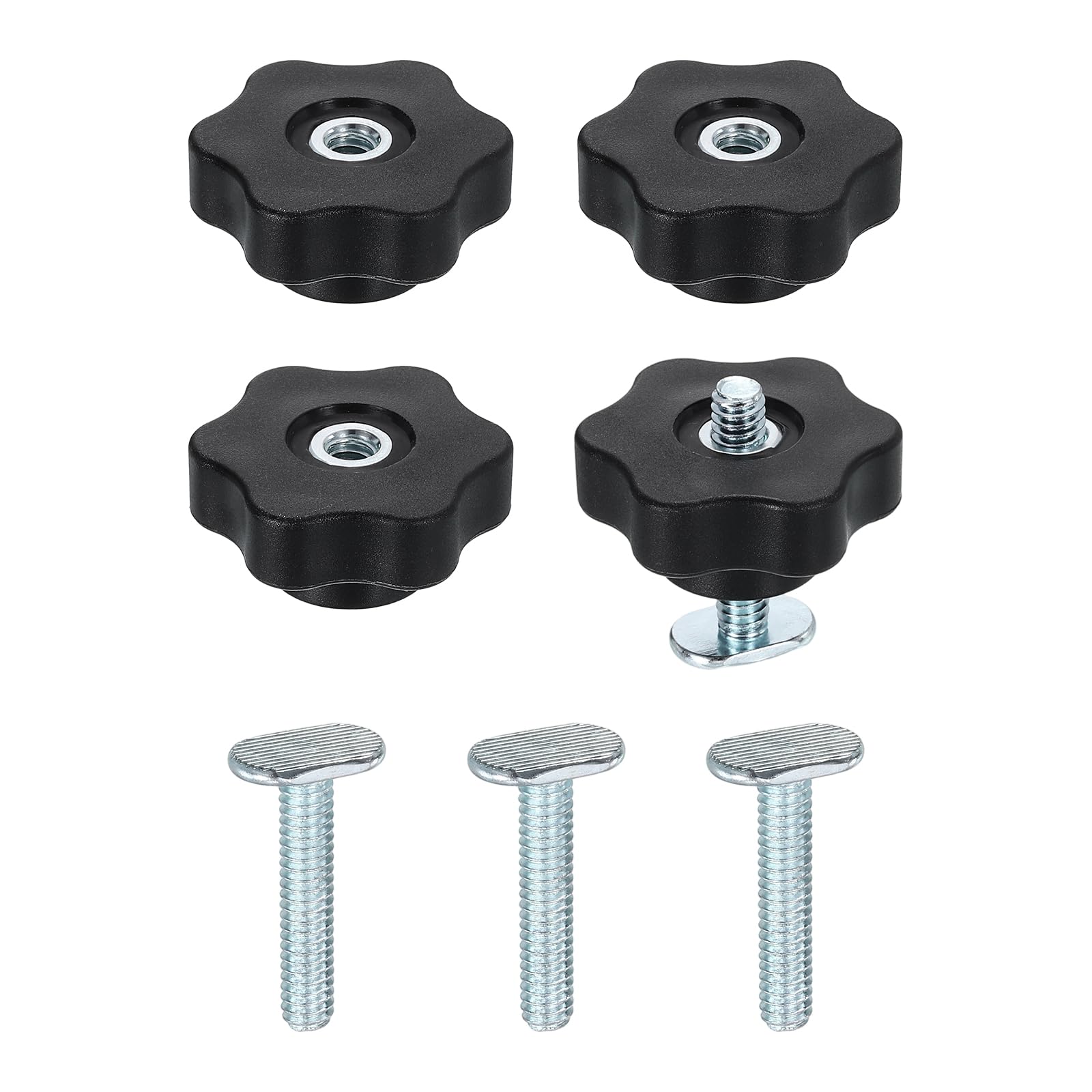 uxcell 4 Set t Track Knob Kit with Star Knobs and 1/4"-20 x 1-1/4" t Slot Bolts, t Slot Drop-in Sliding Bolts Accessories for Woodworking Jigs and