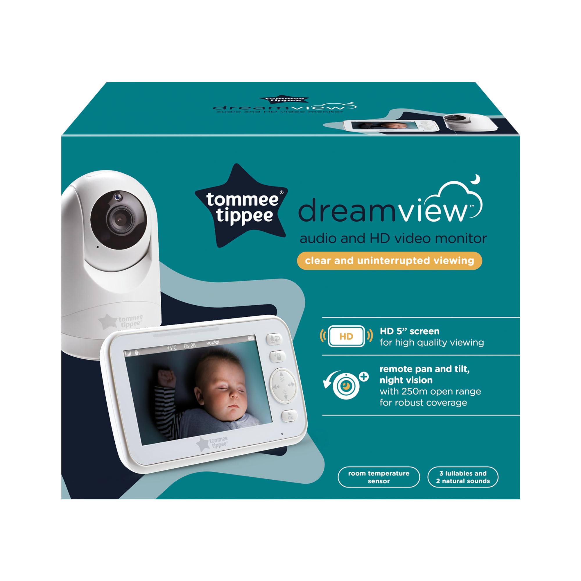 Tommee Tippee Dreamview Monitor de audio y video HD para bebé con cámara de visión nocturna y sonidos relajantes, recargable por USB, pantalla portátil de 5 pulgadas con rango de 250 m. | Audio de conversación bidireccional, pantalla portátil de 5 pulgada
