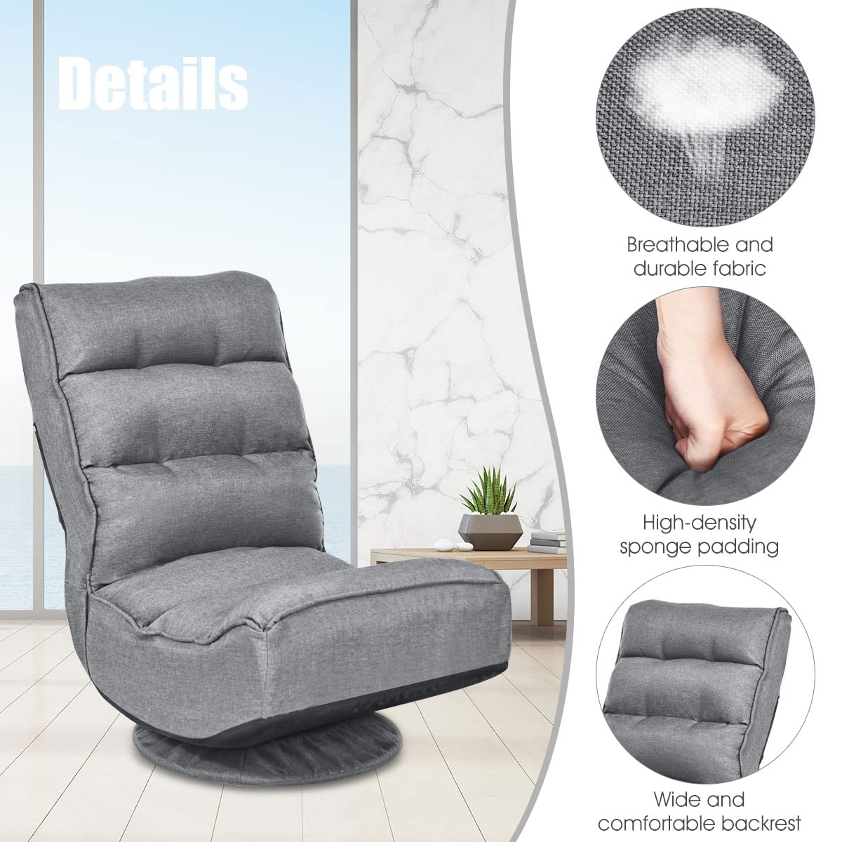 LIFEZEAL Chaise de Sol Pivotante à 360°Réglable en 5 Positions, Fauteuil Sol avec Dossier Réglable, Chaise de Méditation en Mousse, Design Pliable, Charge Maximale 150 kg (Gris)