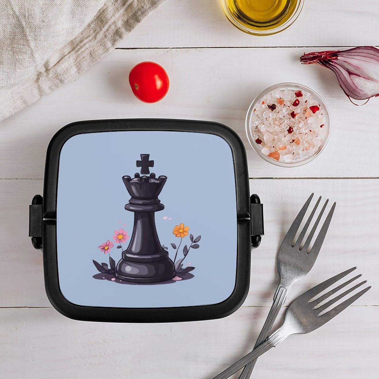 Chess Chessmen Chessboxing Queen Bento Box with Spoon 2 Layer Food Container Cute Lunch Box for Travel Dining Work