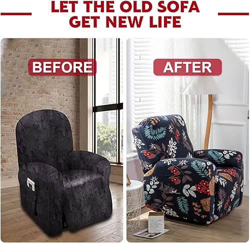 Miniatura 9 de Juego de 4 fundas para sillón reclinable de alta elasticidad, funda suave para sofá de 1 asiento, funda estampada para silla reclinable con bolsillo