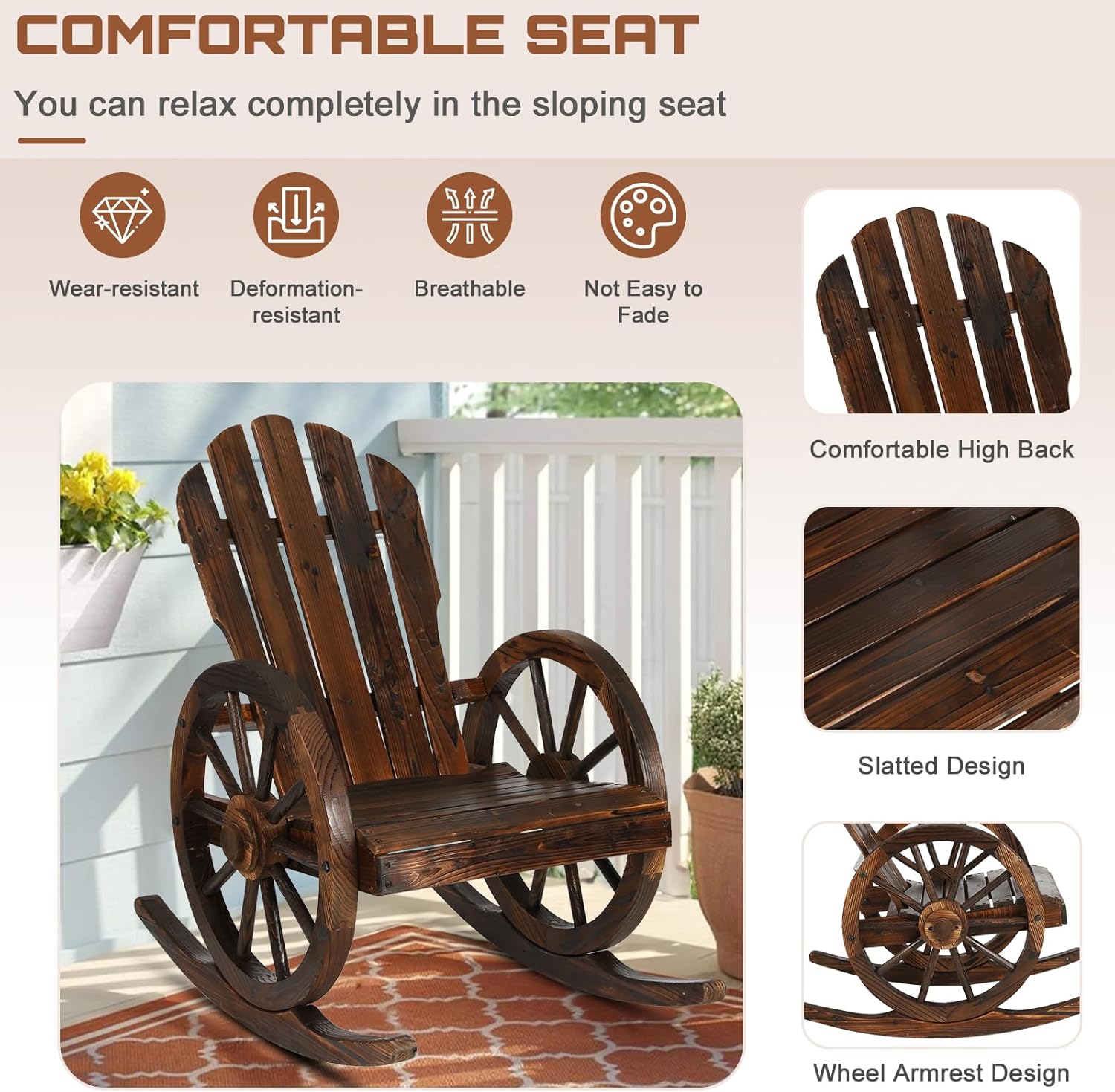 HOMEDIARY Outdoor Wood Wagon Rocking Chair, Adirondack Rocker Chair w/Slatted Design and Oversized Back, Carbonized Patio Lounge Chairs Rustic Rocker with Wheel Armrest for Garden Patio Backyard Porch