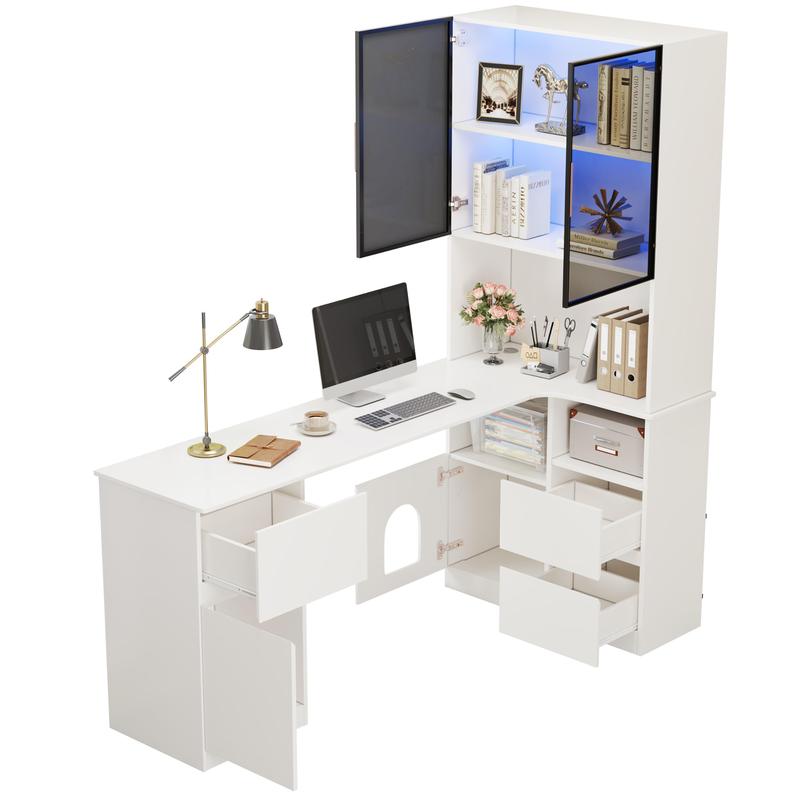 Scrivania angolare con ripiano e vetrina a LED – scrivania con gestione dei cavi, scrivania angolare con libreria integrata (Bianco - Destra, 120×80×180 cm)