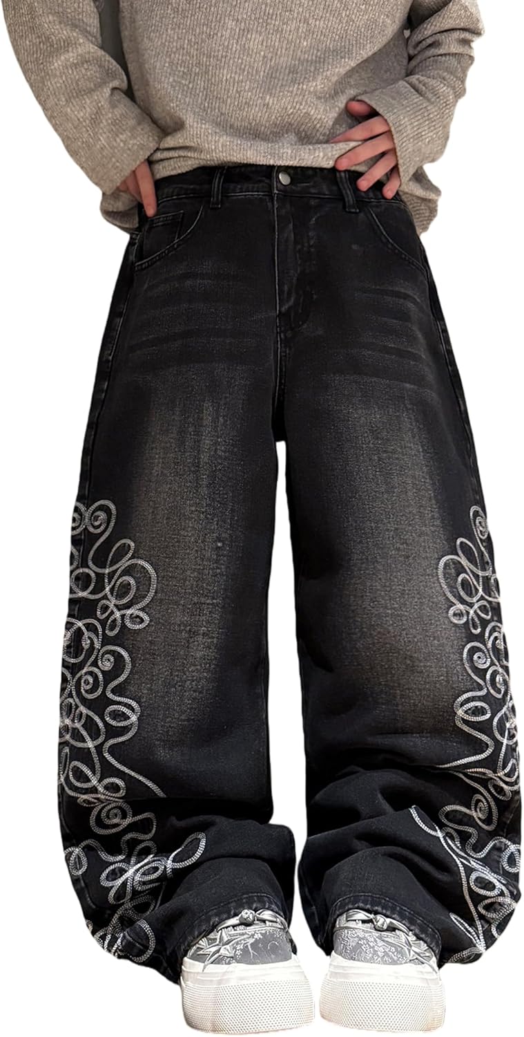 Mens Baggy Jeans Wide Leg Denim Pants Hip Hop Trousers Y2k Embroidered Fashion Streetwear Clothing