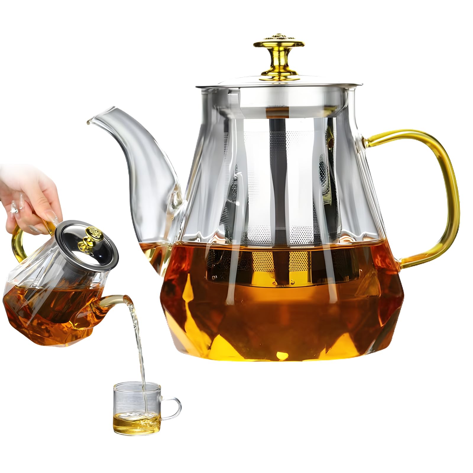 Teiera in vetro con colino, teiera in vetro, 1000 ml, teiera con filtro in vetro, resistente al calore, senza gocciolamento, per tè nero, tè verde, tè alla frutta profumata