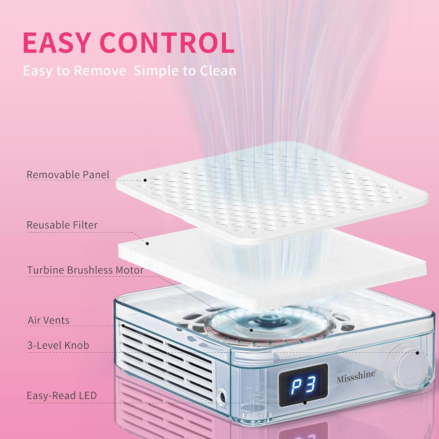 Missshine Nail Dust Collector with Adjustable Suction Power，Mini Vacuum Nail fan Dust Collector With Reusable Filter for Girls