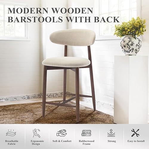 Miniatura 6 de COLAMY - Juego de 3 bancos altos tapizados con respaldo, estilo moderno de mediados de siglo con patas de madera para isla de cocina y comedor, beige