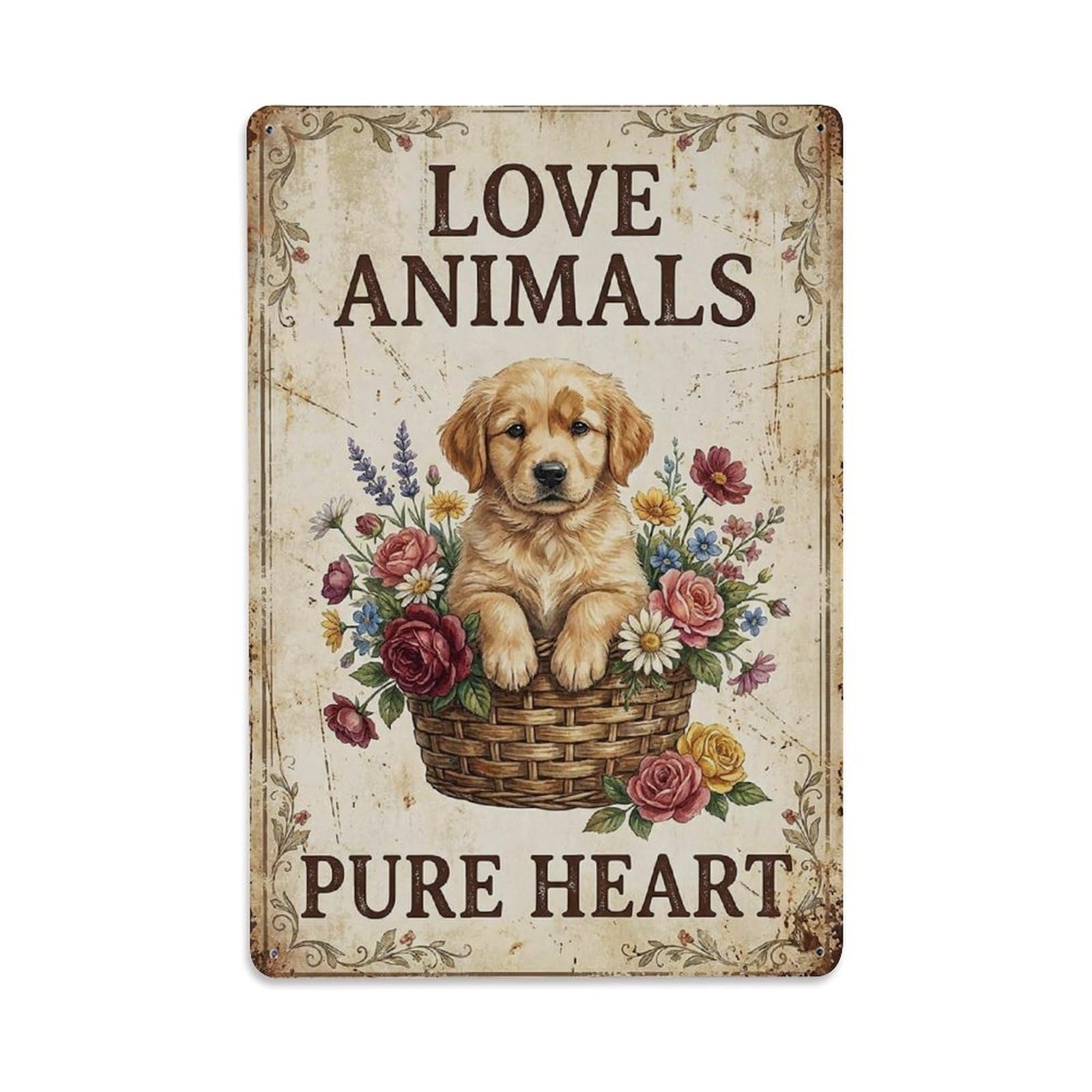 Okngb Style Comic Puppy Cute Pet Saying Animals Pure Heart Retro Metal Tin Sign Plaque Wall Decor For Cafe, Man Cave, Club Bar, Office, Home Garden Round Metal Poster 8X12inch