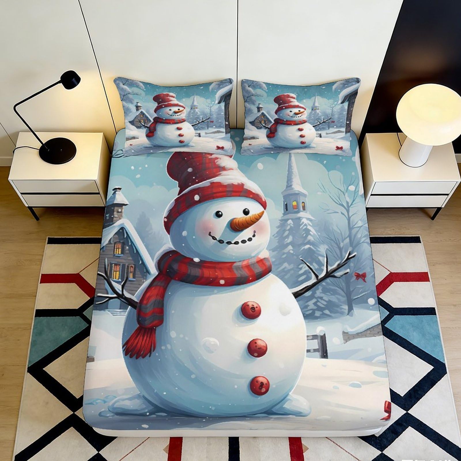 Pnayamiorkfel Style-2 3D Printed Snowman Winter Scene Fitted Sheet Microfiber Soft Bedroom Decor Bed Cover For Home Guest Room 90X200x25cm