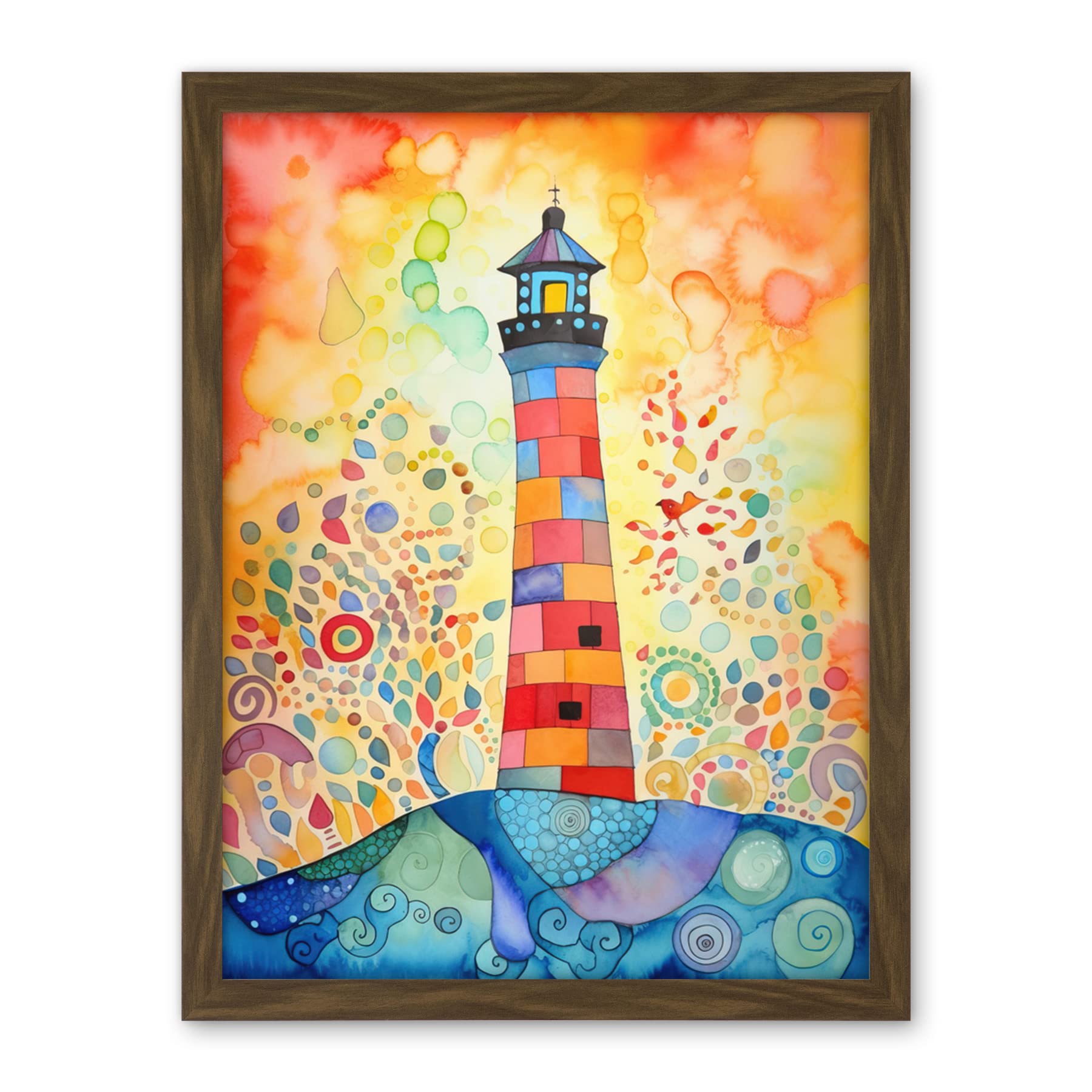 Artery8 Lighthouse At Sunset Dreamy Folk Art Watercolour Painting Artwork Framed Wall Art Print 18X24 Inch