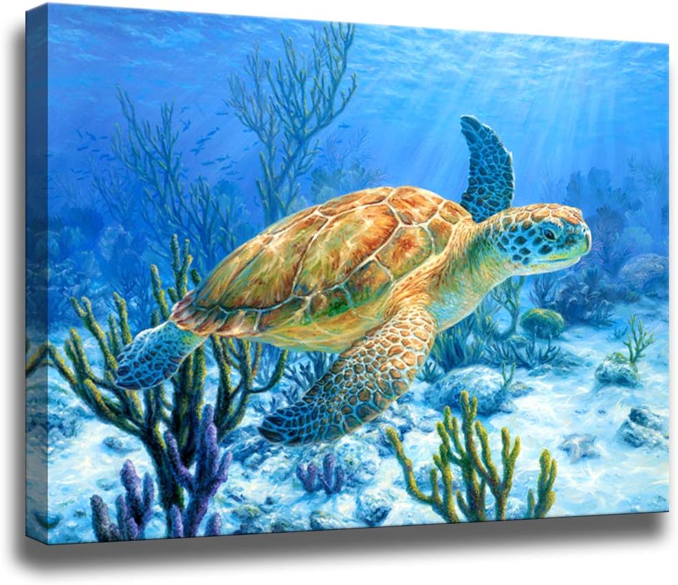 Sea Turtle Canvas Wall Art - Vivid Coral Reef & Sunlit Ocean Scene, Ideal for Beach - Quality Print, Ready to Hang, Perfect for Living Room, Bedroom & Office Decoration Size:12"x16"inch