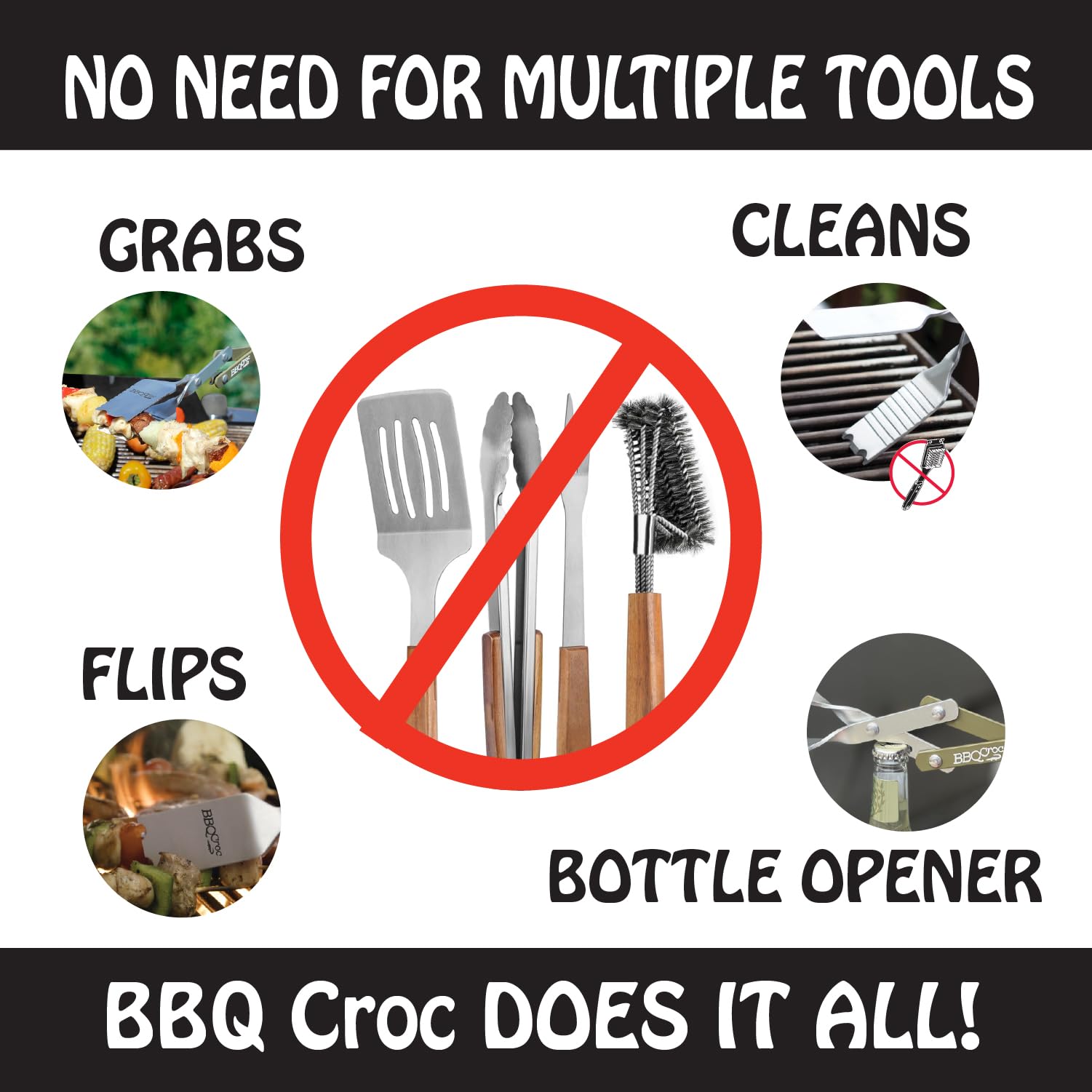 BBQCroc Herramienta de barbacoa 3 en 1 de 15 pulgadas, pinzas extra ligeras, espátula y raspador de parrilla (verde/caqui) (15 pulgadas con linterna)