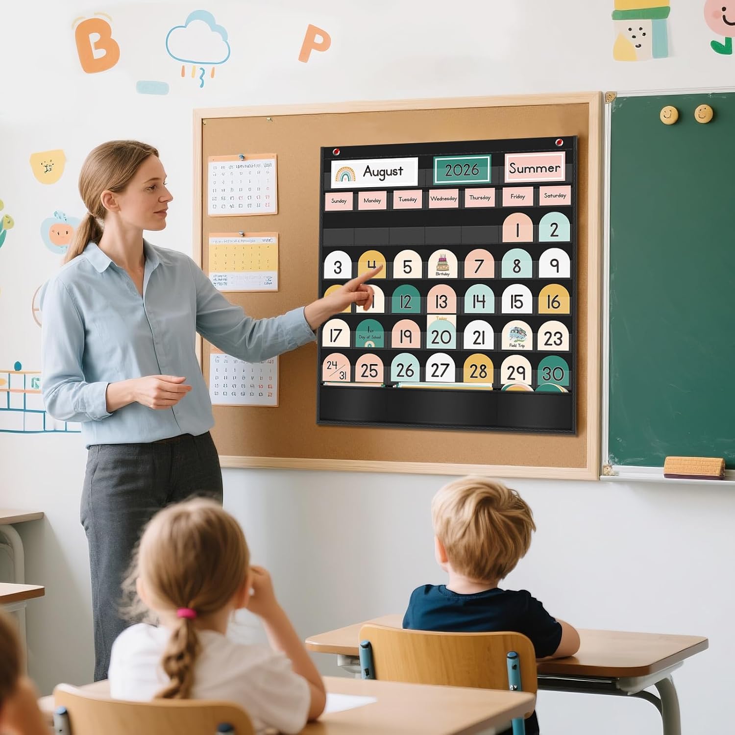 Rainbow Calendar Pocket Chart for Classroom,Kids Daily Learning Tool image 2