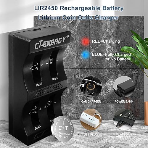 Miniatura 4 de CT-ENERGY Baterías CR2450 recargables paquete de 10 con cargador de batería de botón de moneda de litio, batería Lir2450 de alta capacidad de 3.7 V