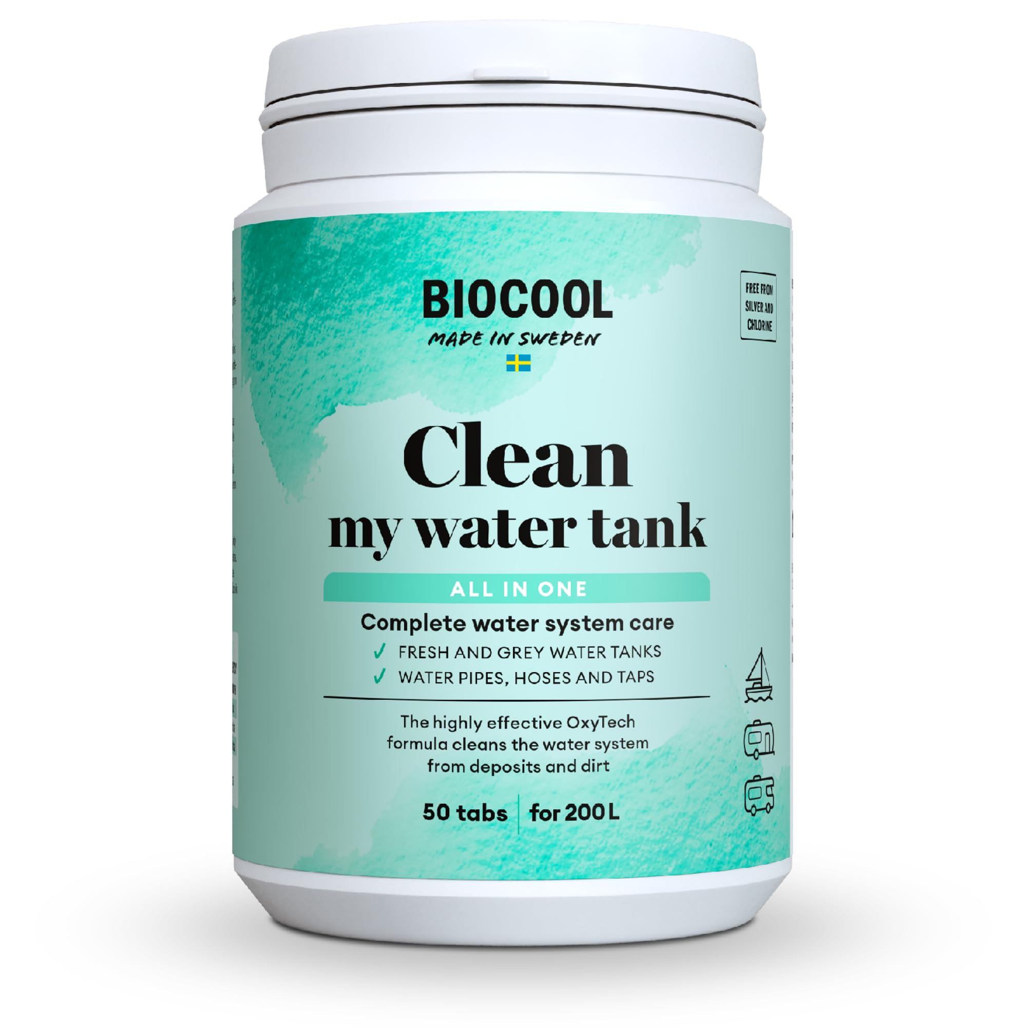 Biocool Comprimés nettoyage réservoir d’eau propre – OxyTech oxygène actif | Élimination du biofilm & hygiène système | Sans chlore | 50 comprimés jusqu’à 200 L