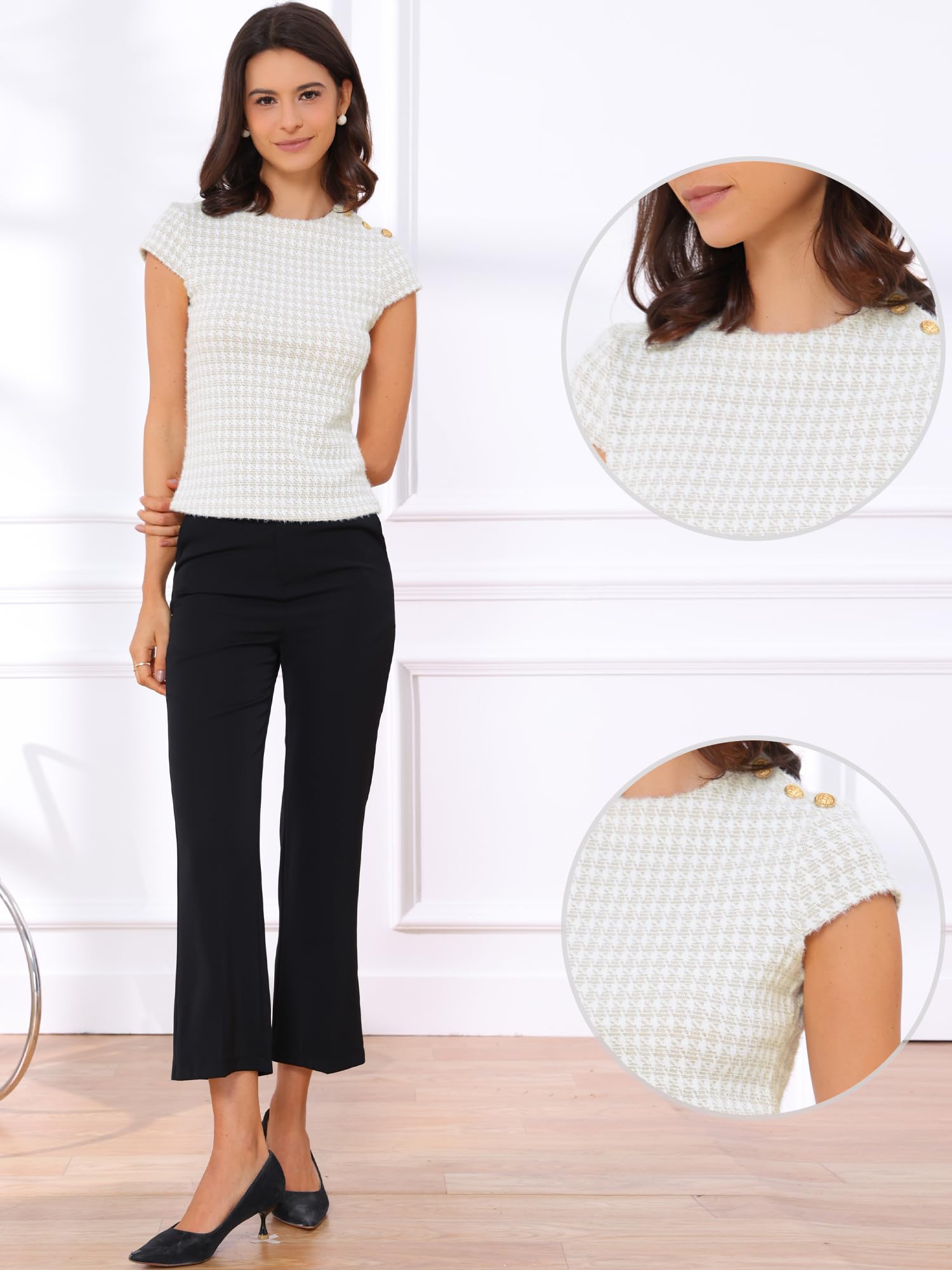 Allegra K Camicetta da donna con motivo pied de poule, con maniche ad aletta,