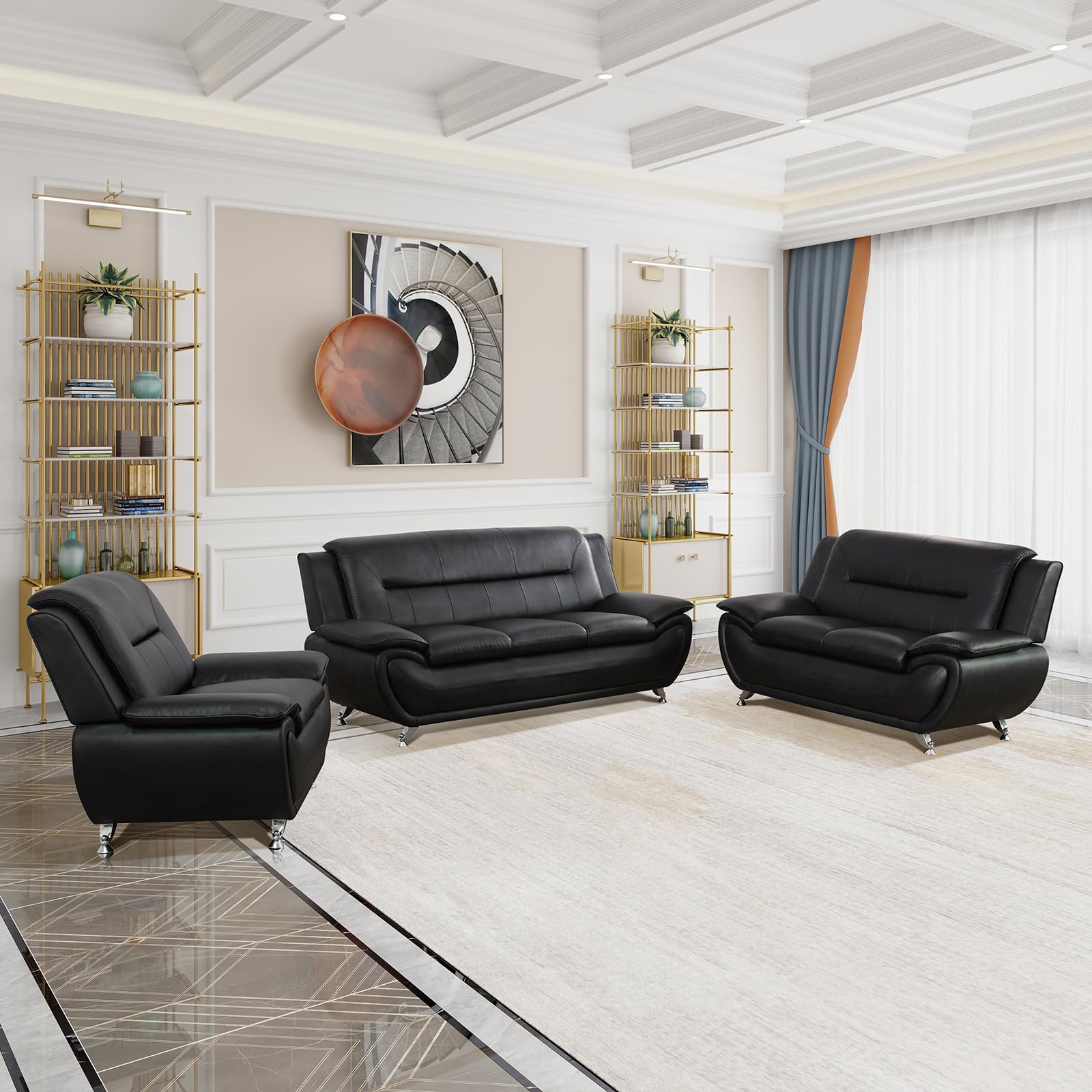 Modern Leather Sofa Set Living Room Furniture 3 - Piece Couch Set Faux Leather Couch Loveseat Chair Set