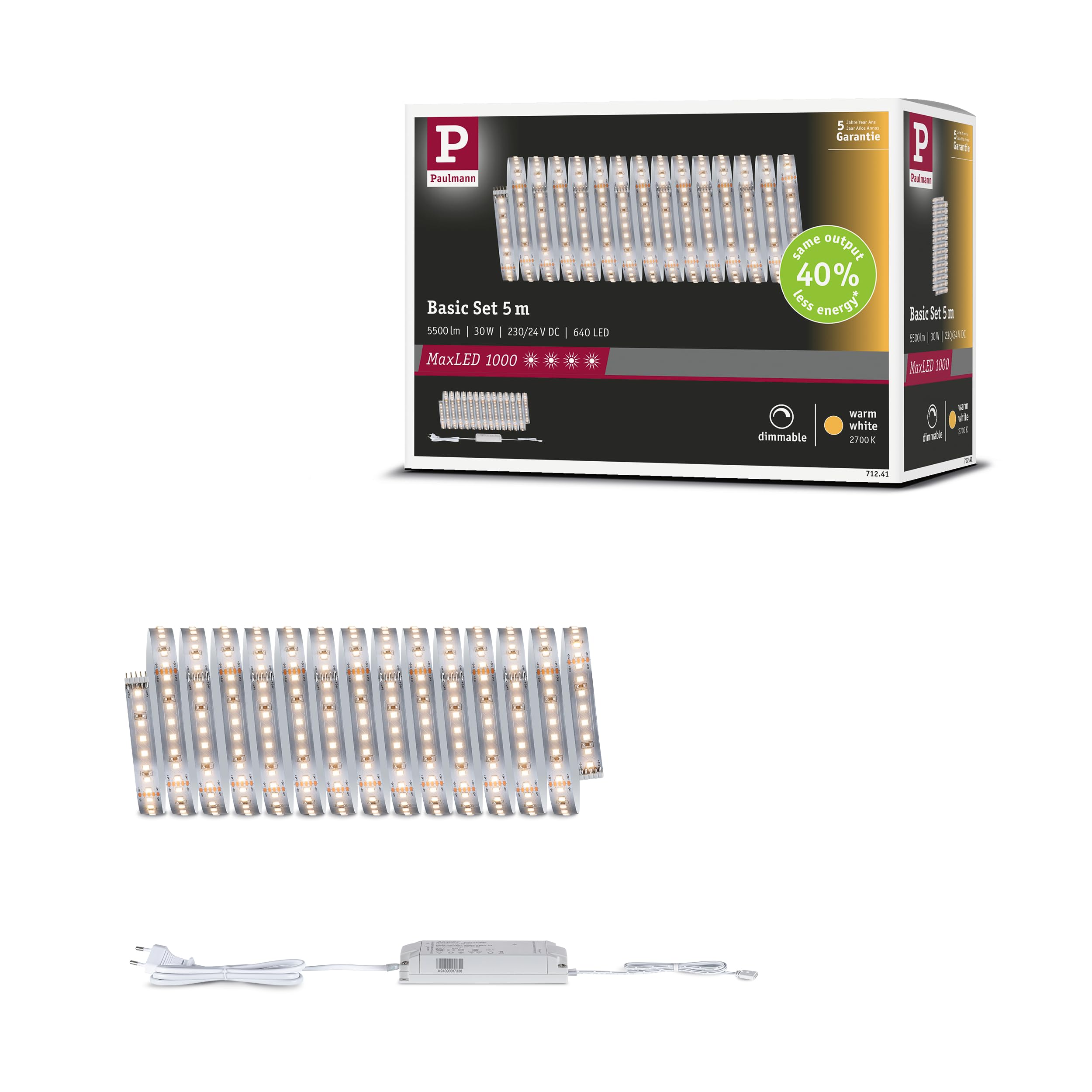 Paulmann MaxLED 1000 LED Strip Basisset 5m Warmweiß 30W 1100lm/m 2700K 60VA 71241