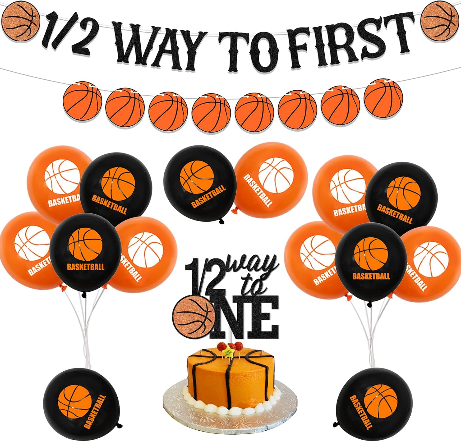 Half Birthday Decorations for Boys - 1/2 Way to First Banner Cake Topper, Basketball Theme Half Year Birthday Party Supplies with Basketball Garland Balloons