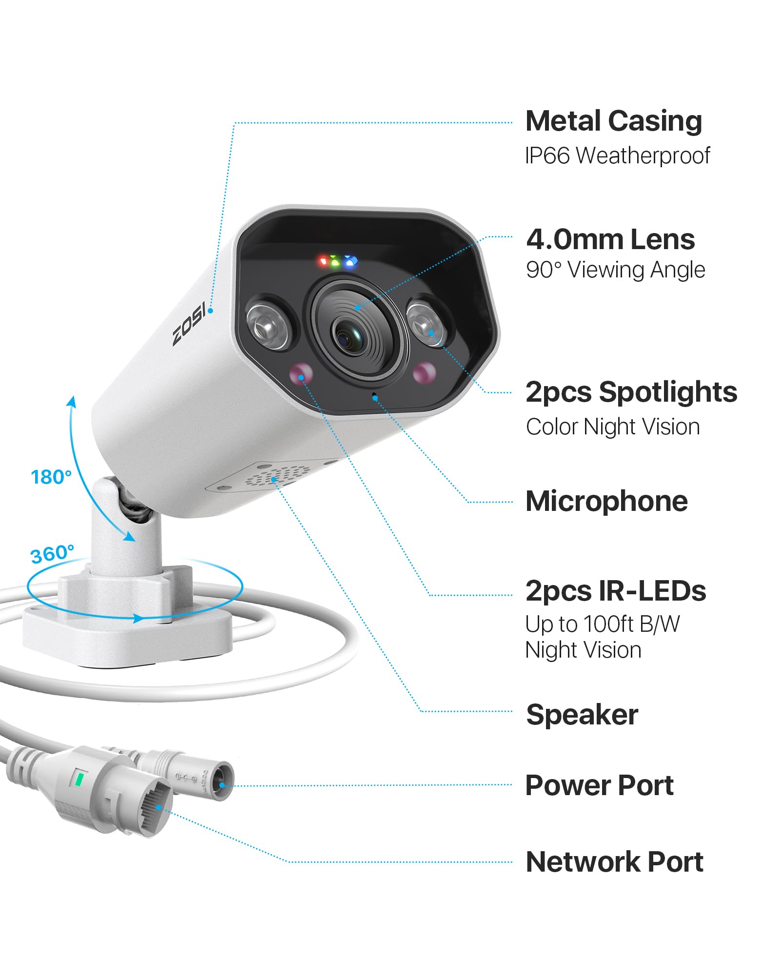 ZOSI 2 X 4K 8MP telecamera di sorveglianza IP PoE esterna, funziona solo con il nostro 4K POE NVR, riconoscimento personale, allarme luce e suono, visione notturna a colori, C182