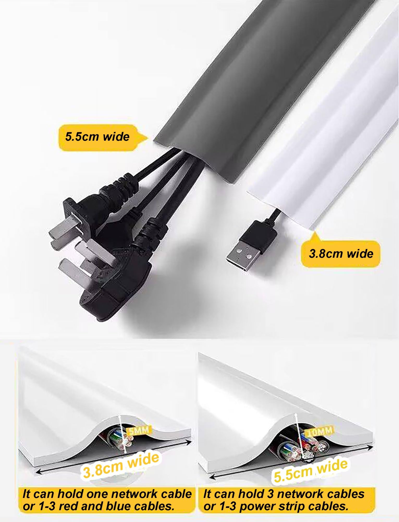 Cubiertas de Cables de PVC for Cables en el Piso, Cubierta de Cables for Piso, Cortable, Autoadhesiva, Protector de Cables Decorativo, for Techo, Esquina, Pared(Mike-w5.5cm,10meter)