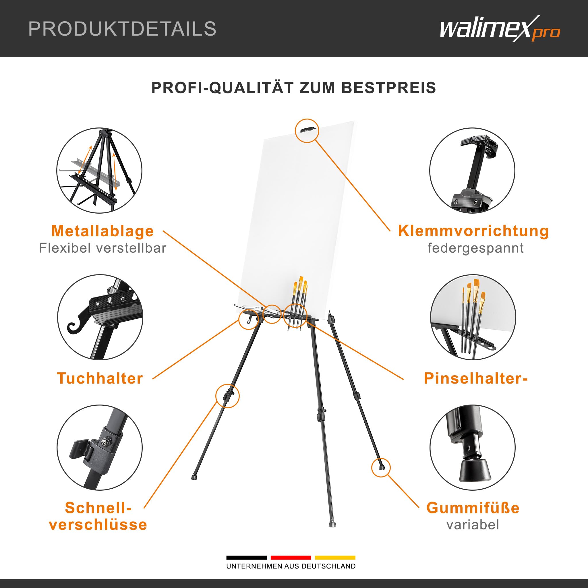 Walimex pro Sztaluga XXL 62-205 cm, aluminium I idealna sztaluga atelierska, sztaluga stołowa i sztaluga polowa I na płótna do wys. x gł.: 150 x 4 cm, do 6 kg I półka i uchwyt na farby i pędzle, z