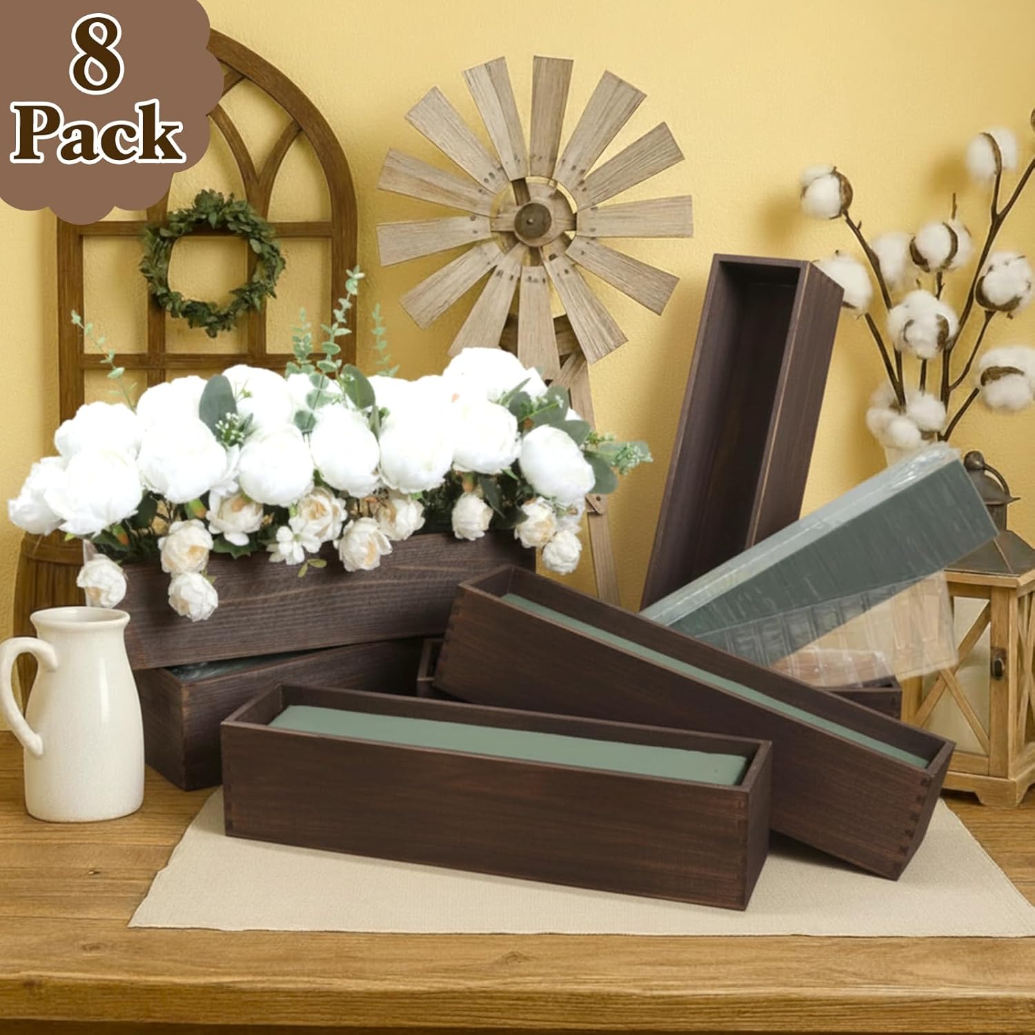 Sintuff 8 Set Rectangle Wooden Planters, 17 x 4 Inch Wood Boxes with Removable Plastic Liner & Floral Foam Blocks, Rustic Wood Planter for DIY Centerpieces Home Wedding Garden Bookshelf Decor(Brown)