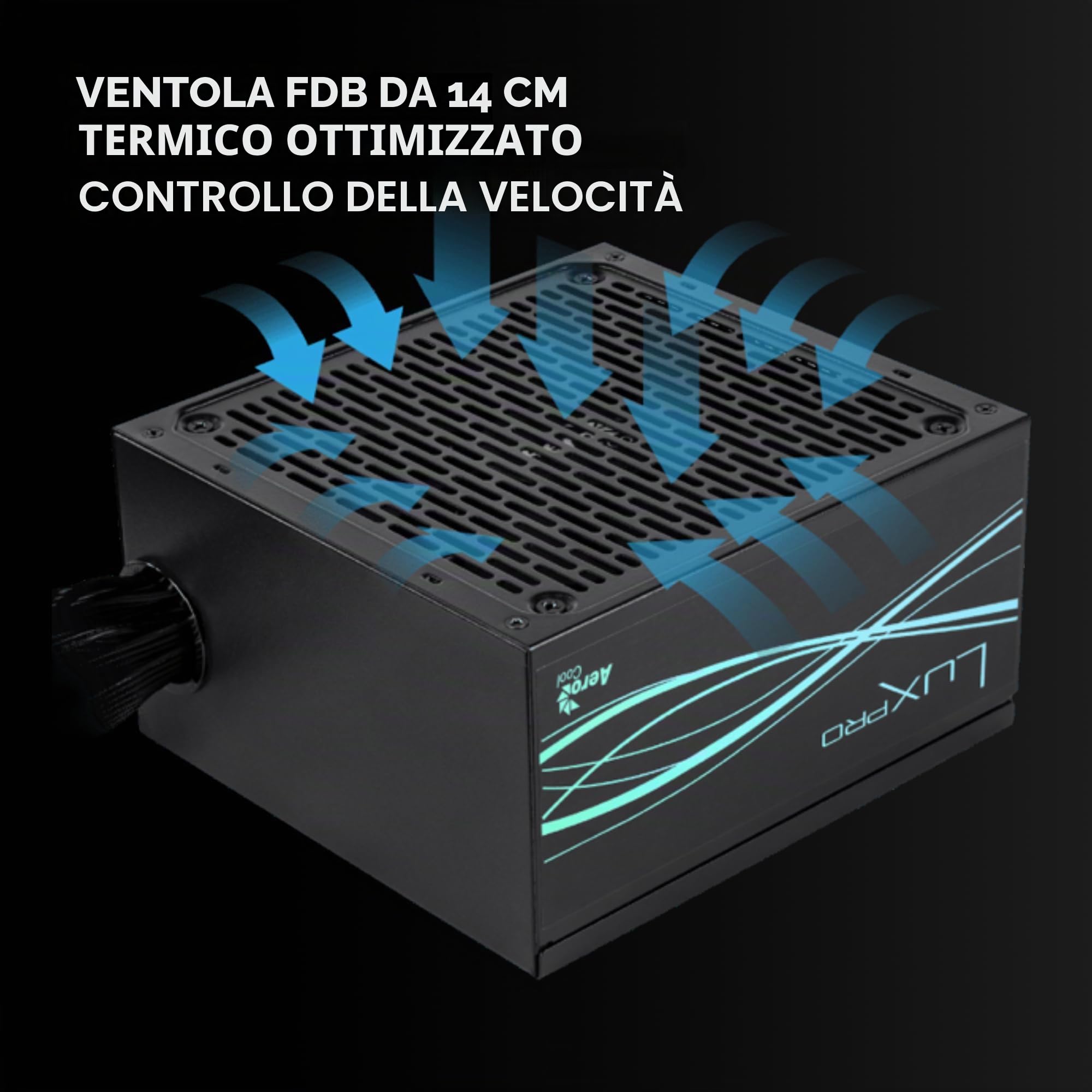 Aerocool LUXPRO850, Alimentatore 850W, 80Plus Bronze 230V Certificato UE, Efficienza +88%, Condensatori Giapponesi 105°C, Ventola APFC 14cm FDB, ATX 3.0 e PCIe 5.0, 5 anni di garanzia, Nero
